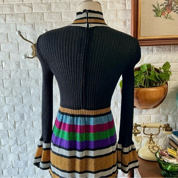 Vintage 1970s Italian Metallic Striped Colorblock Glitter Lurex Ribbed Knit Gown