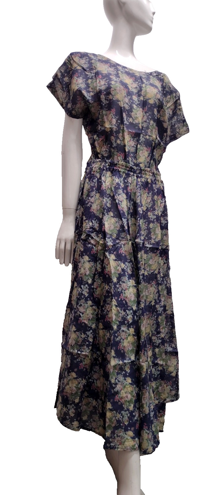 1990s Sundress Dress Midi Open Back Blue Floral Sheer Cotton – 1930s Influence
