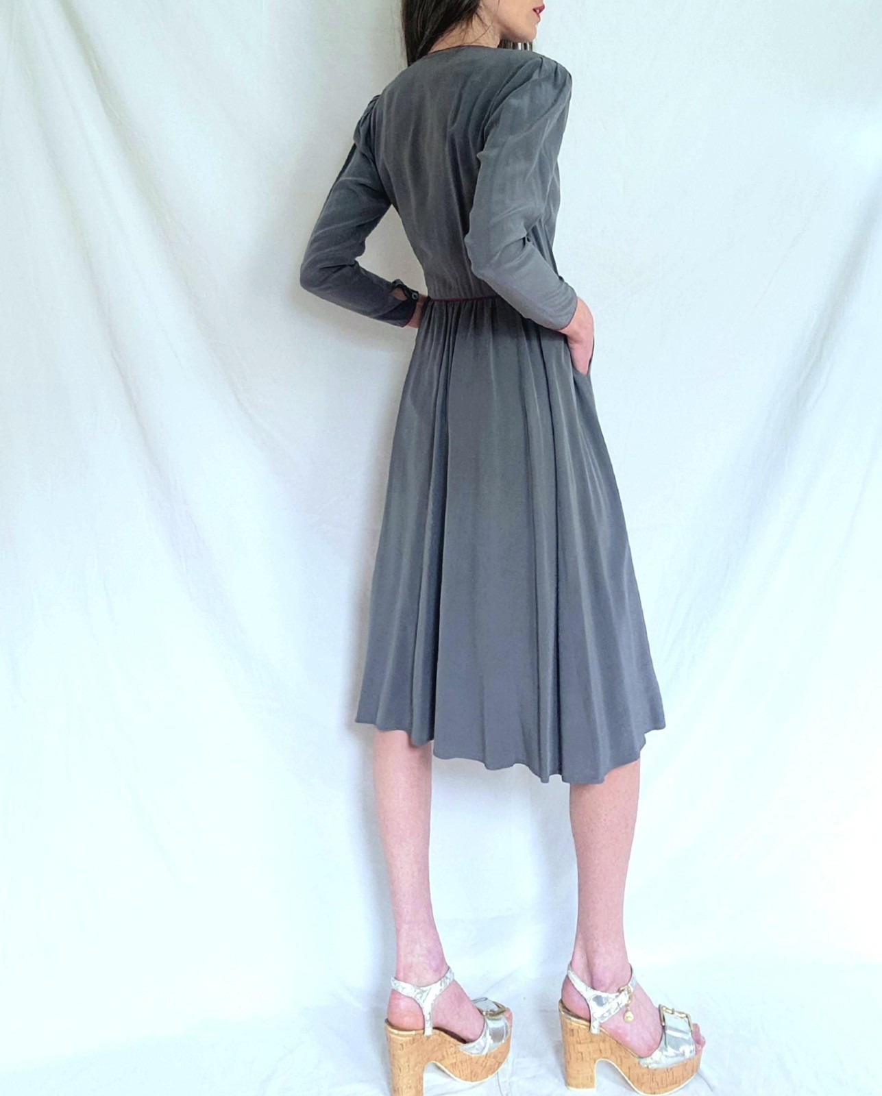 1970s 100% Silk Midi Wrap Dress: Vintage A-line Secretary Dress, 6