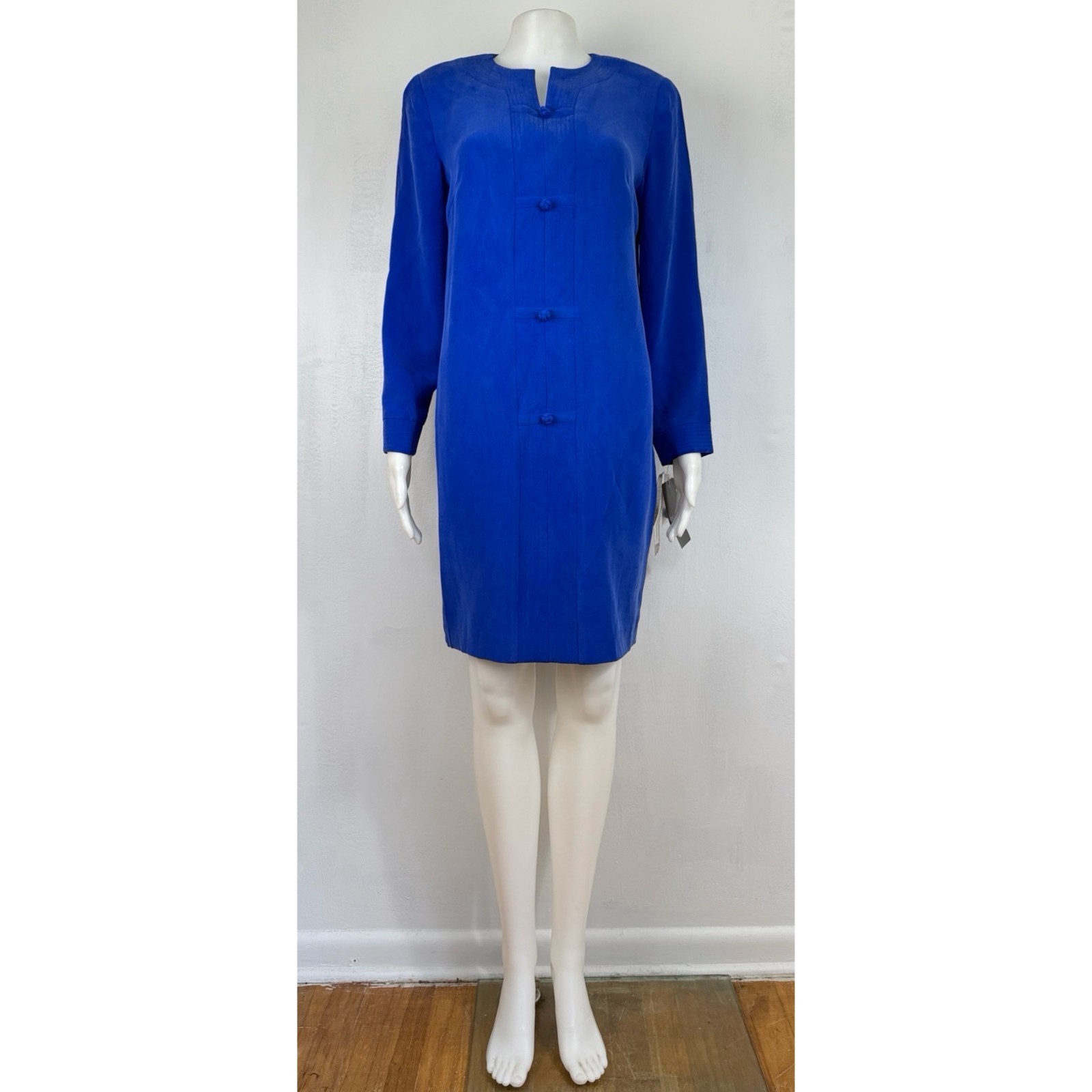 Vintage Sapphire Blue Silk Dress Size Medium 90s Frog Knit Shift Asian Style