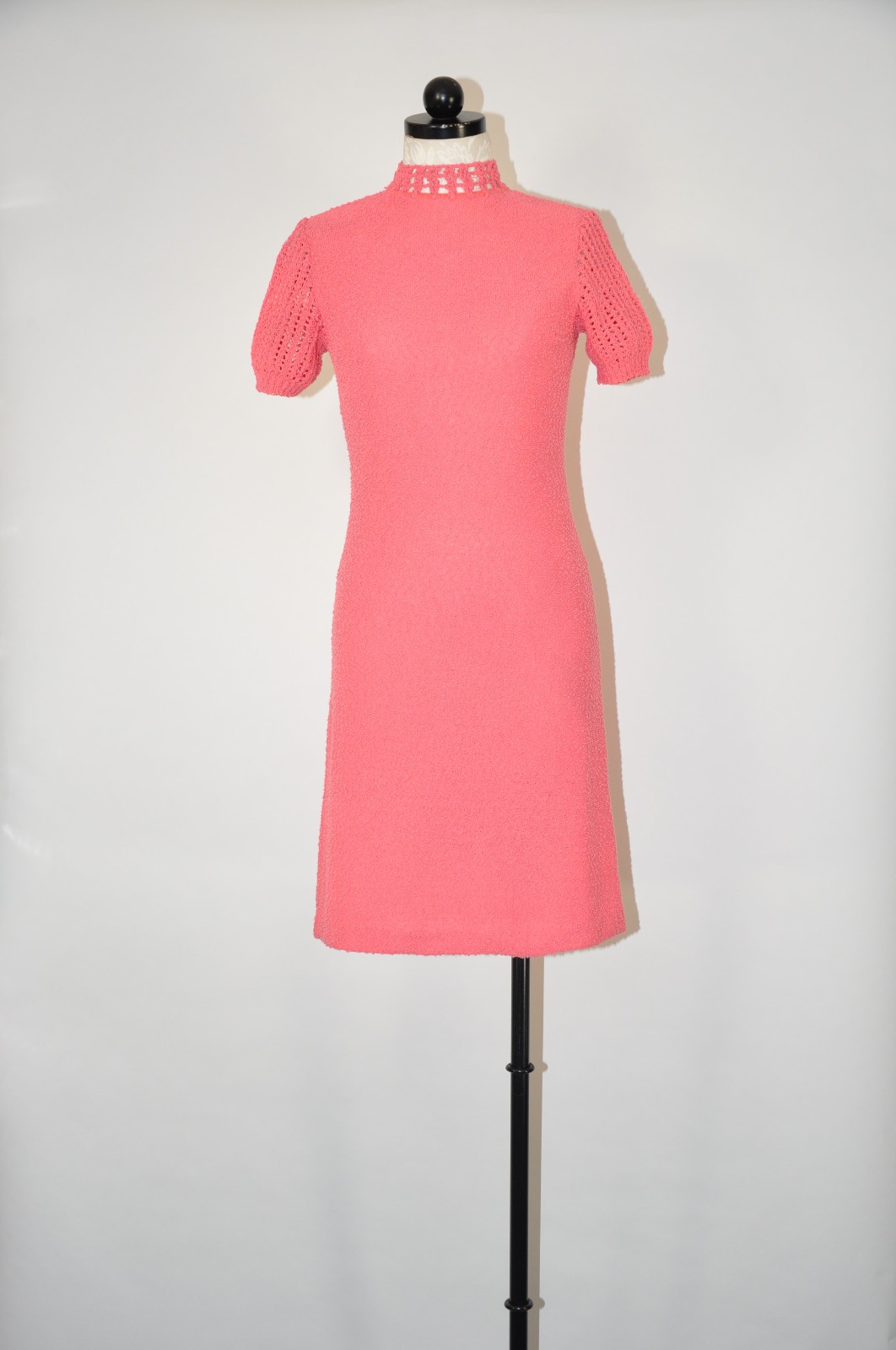60s Vintage Salmon Pink Cotton Boucle Knit Short Sleeve Sweater Dress Women XS S