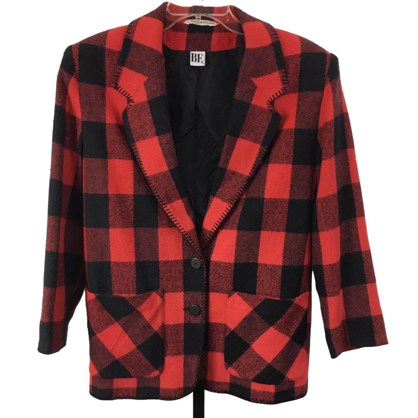 Vintage Buffalo Plaid Blazer Womens M Red Black Oversized Boxy Made in Poland
