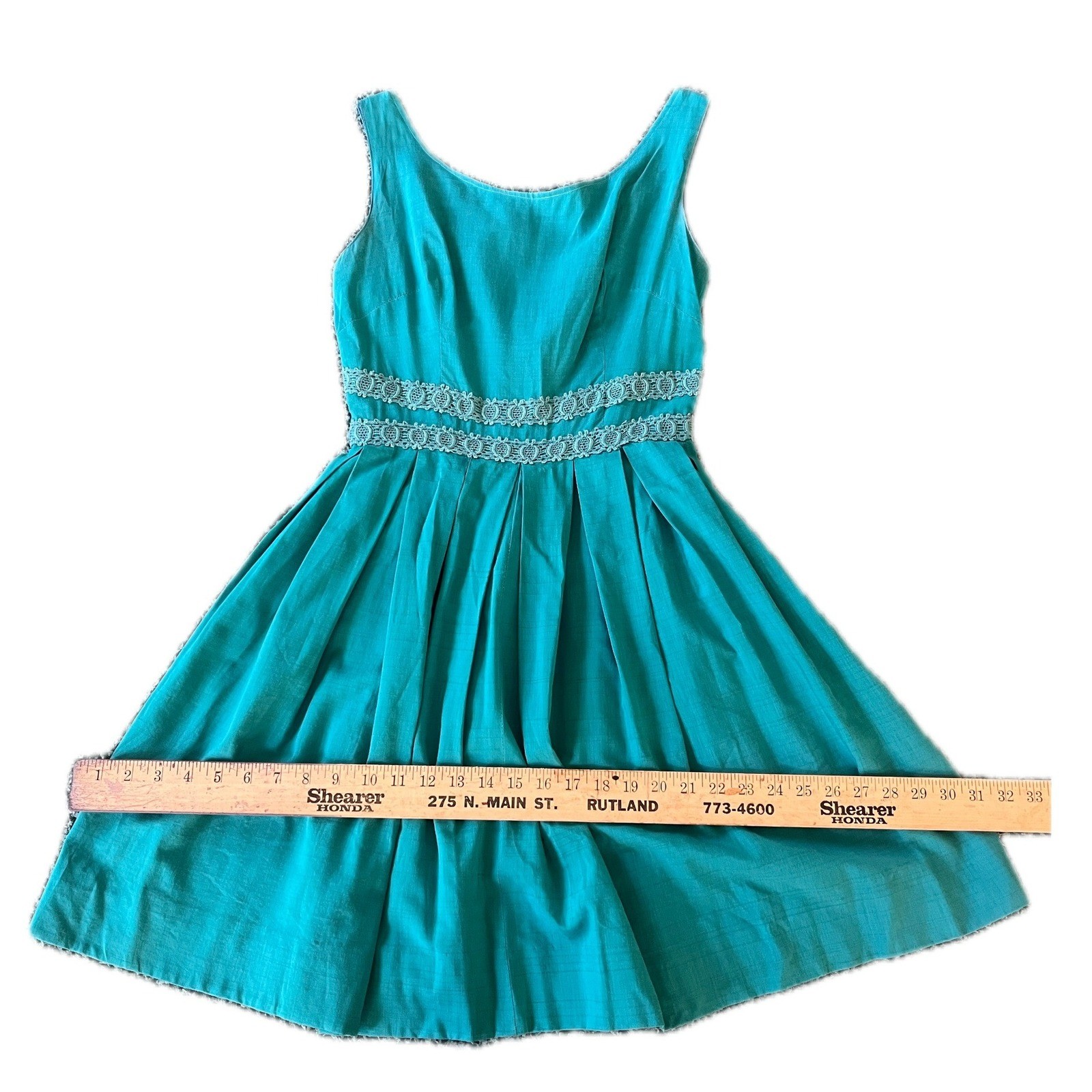 Vintage Teal Blue Pleated Fit Flare Dress Lace Waist Trim MCM 50s 60s Size S