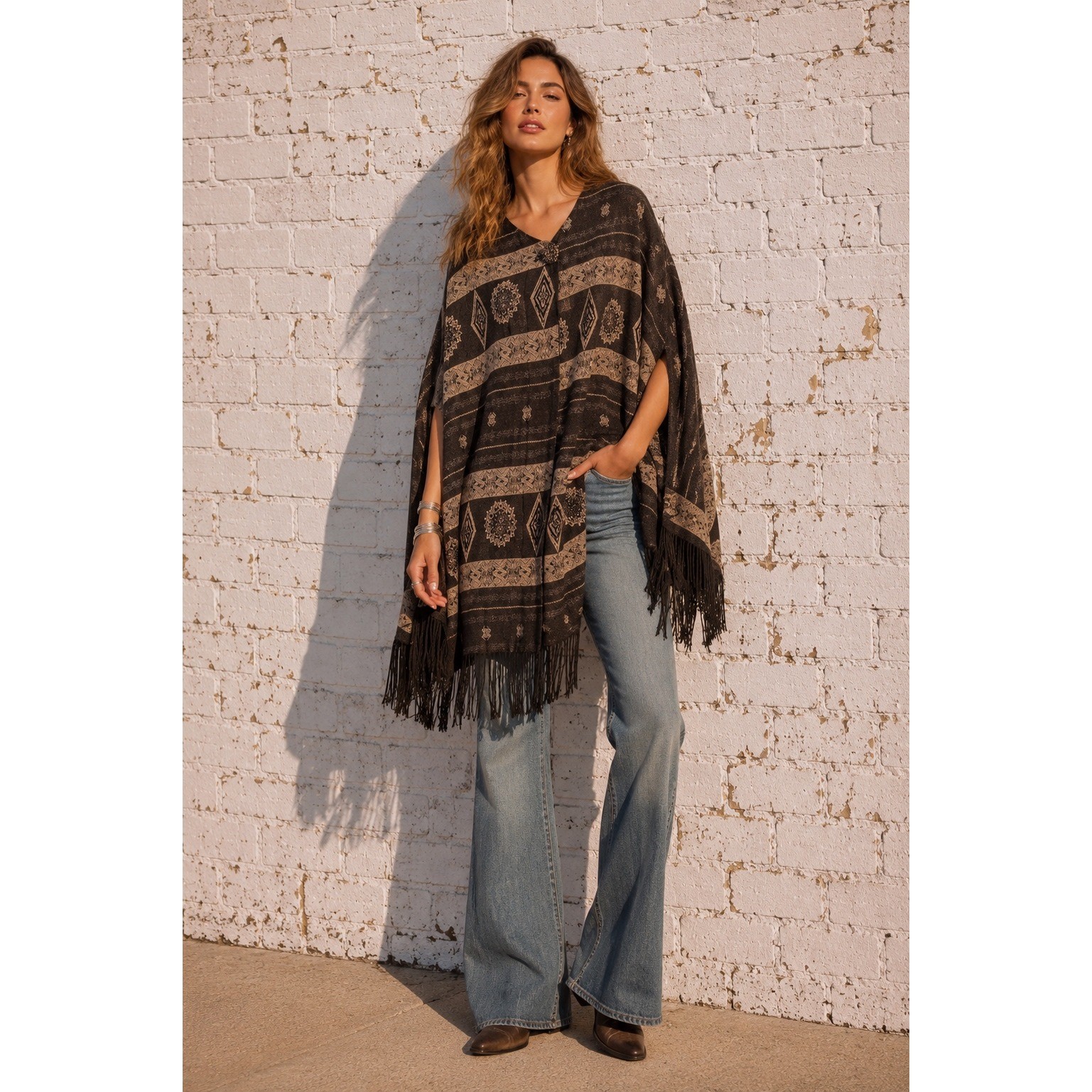 Vintage Gina K Plus Southwestern Fringe Poncho Cape Boho Festival Knit OS