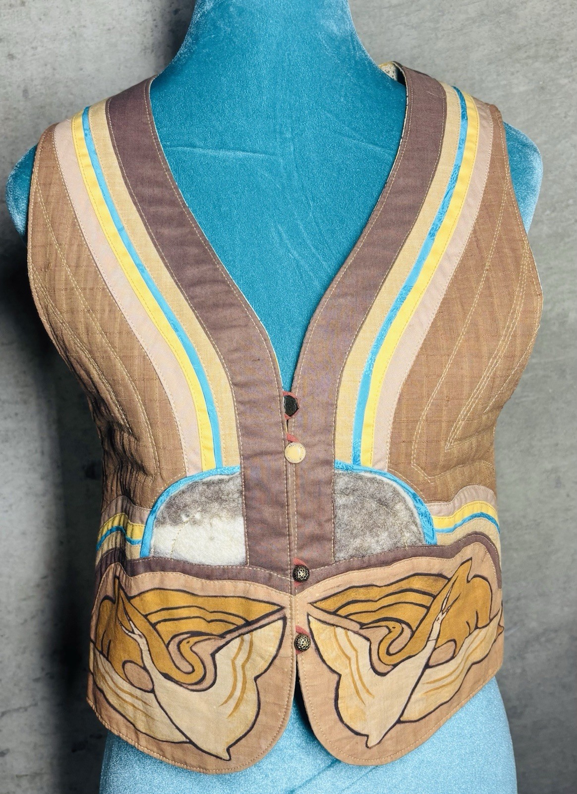VTG 70s Art Nouveau Patchwork Vest Wearable Art Crane Boho Hippy Festival RARE!