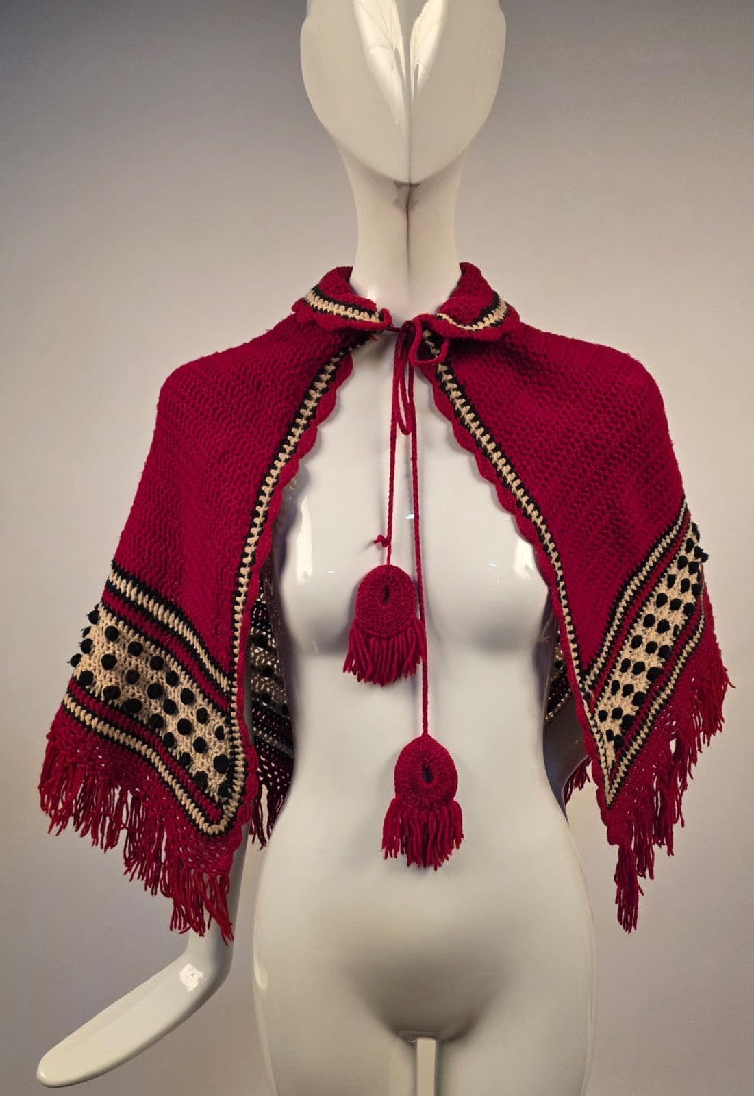 VICTORIAN 19TH C HAND KNIT CAPE W ORNATE TASSEL TRIMMED TIES