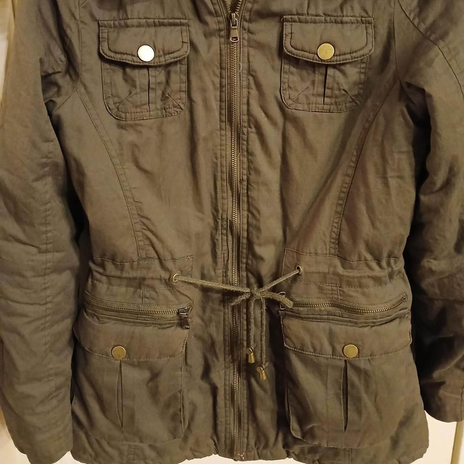 Y2K green parka utility jacket faux sherpa lining pockets faux fur trim hood M