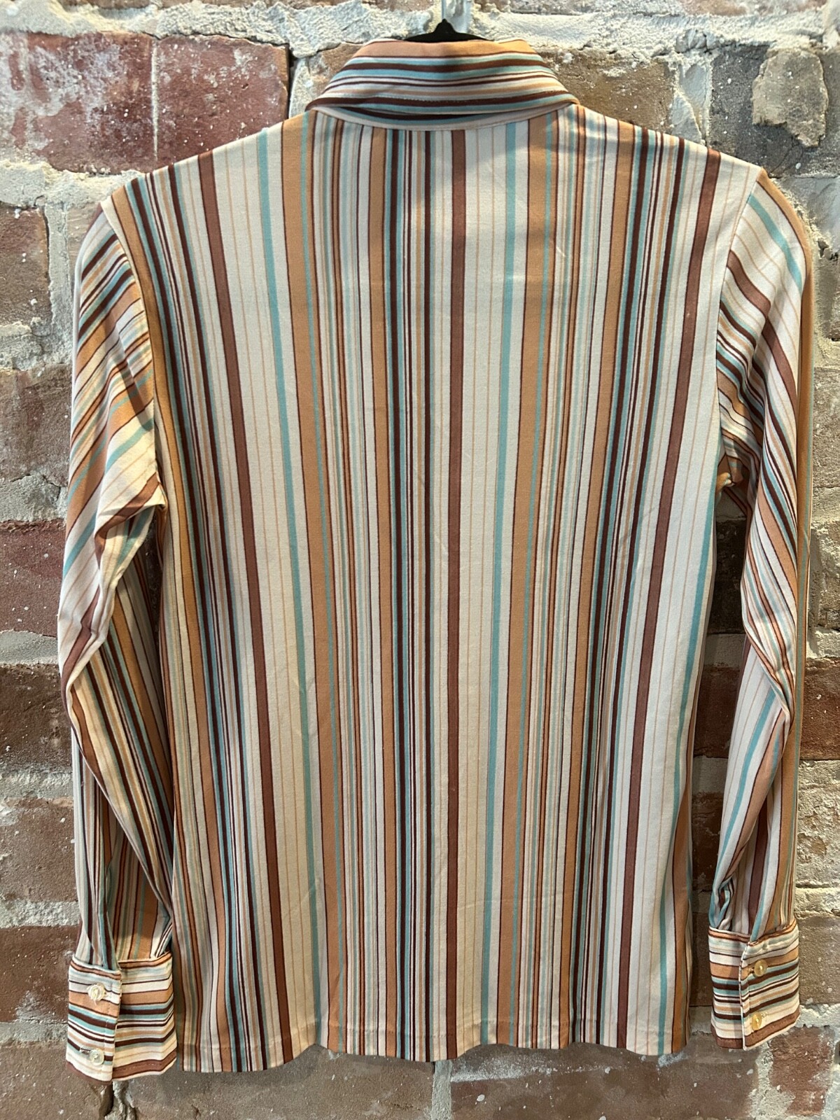 1970s woman’s brown, teal, cream stripe long sleeve, excellent condition