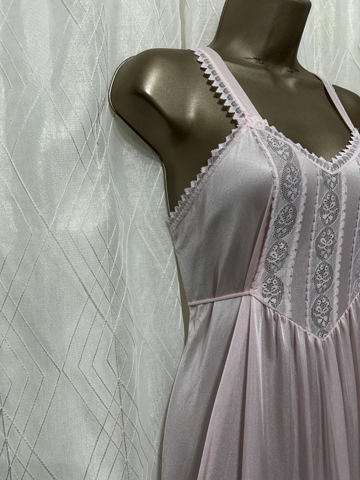 VTG M L Deena Nightgown Sweetest Pink Shiny Nylon sheer Lace Gown Wide straps