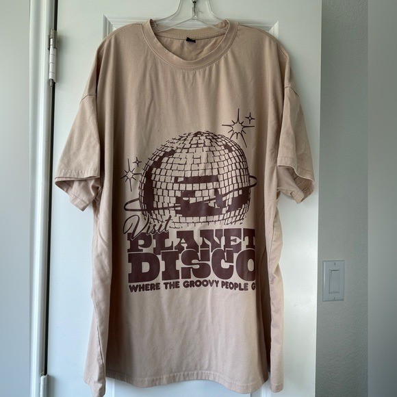SHEIN Beige Planet Disco Tee Retro Graphic Short Sleeve T Shirt Vintage