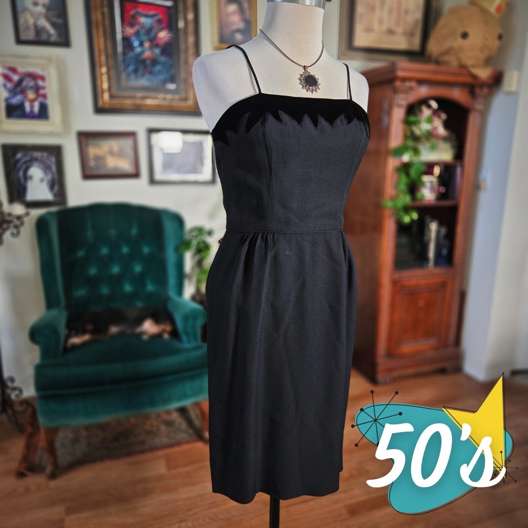 Vintage 50s Black Wiggle Dress Pinup Spaghetti Strap Classic Mid Century