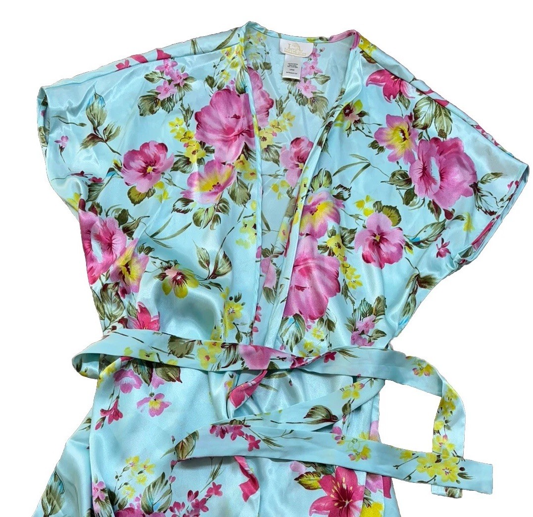 VTG LA Intimates Sz L Robe SS Kimono Wrap Blue Floral Romantic Garden Flowers