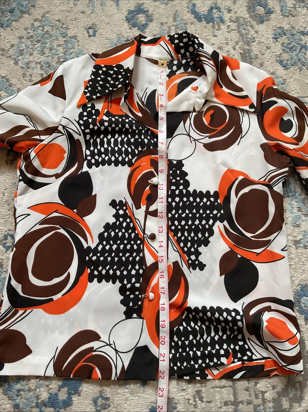 VTG 70s Women’s Spread Pointed Dagger Collar Polyester Blouse, BLK, BR /Orange