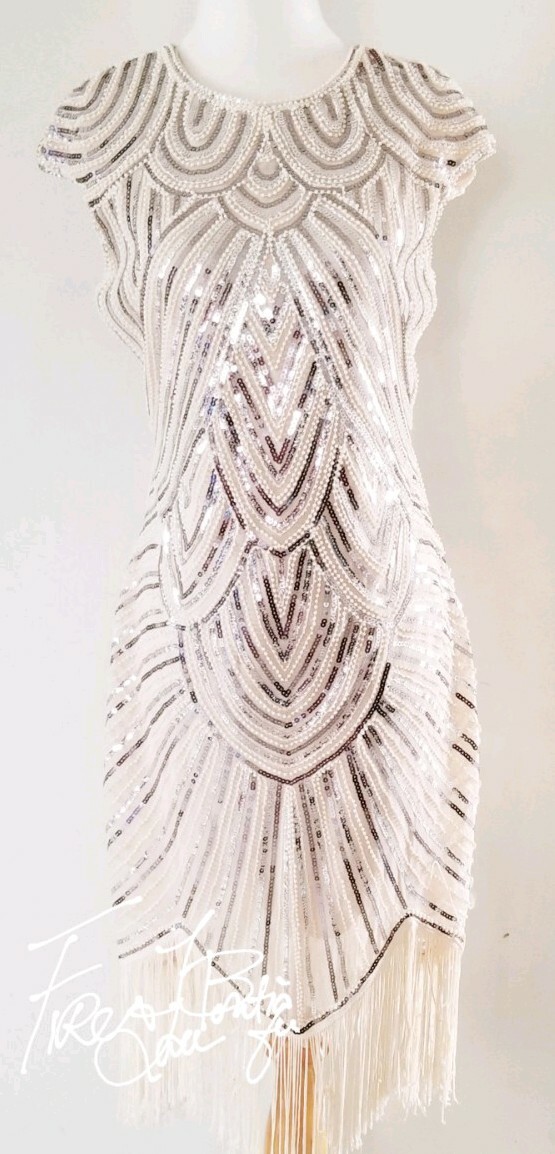 VINTAGE 60s 70s BEADED PEARL SEQUIN FRINGE FLAPPER DRESS SZ M 6 8