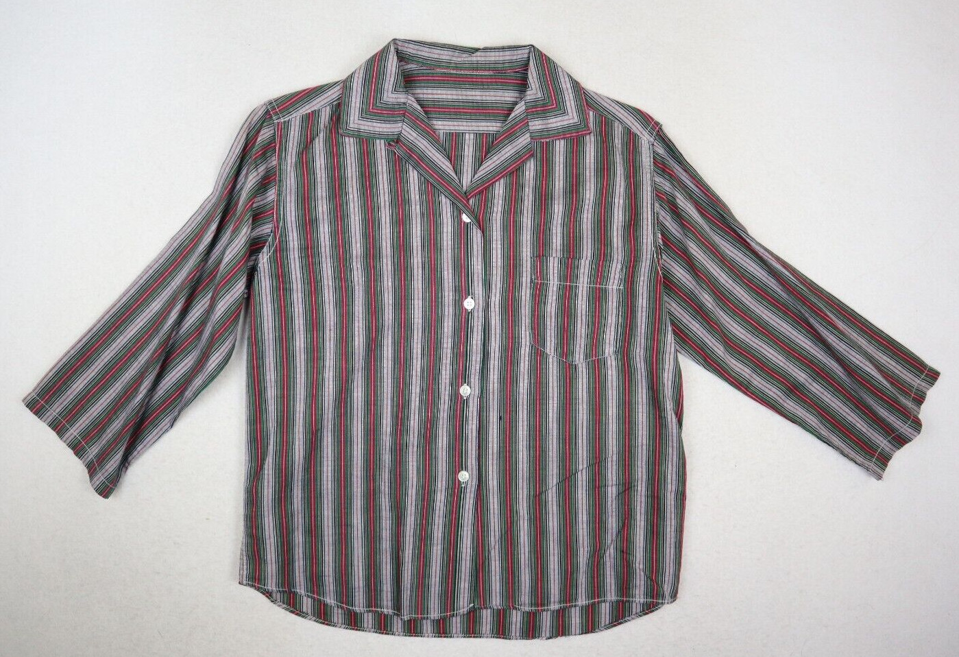 Vintage Women’s Top Size S Gray Green Red Striped 3/4 Sleeve Button-Up Shirt