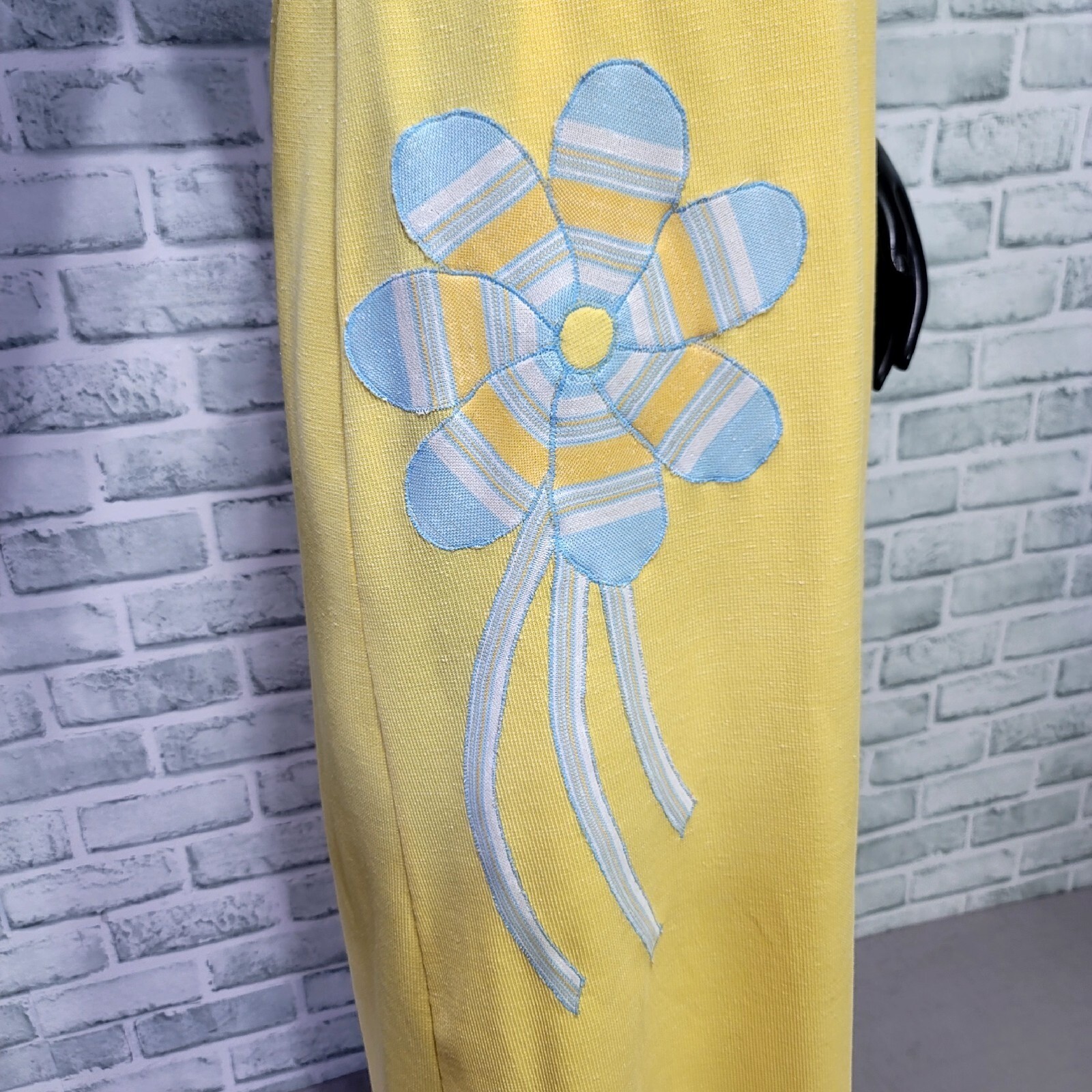 Vintage 60s 70s Maxi Dress Yellow Blue Striped Floral Applique Shawl Collar Mod