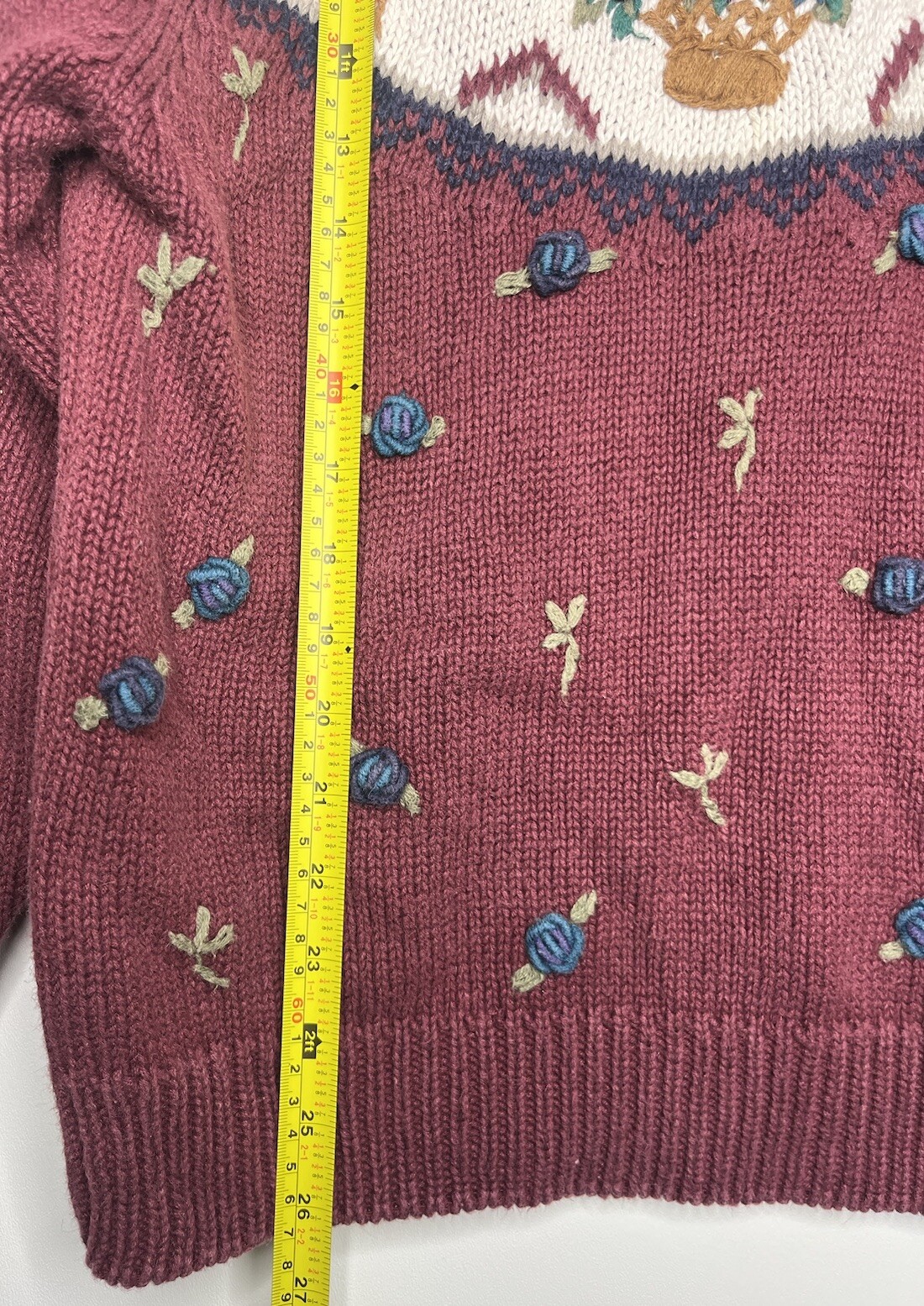 Van Heusen Hand Knitted For Her Floral Sweater Burgundy Size Small Vintage