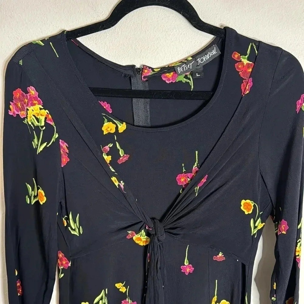 Betsey Johnson Vintage Y2K 90s Black Floral Mini Dress Small Whimsigoth Clueless