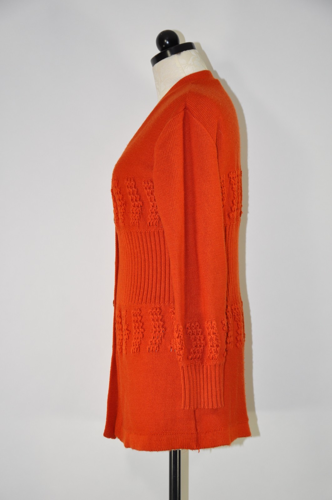 70s Autumn Rust Orange Pointelle Ribbed Knit Button Up Sweater Cardigan Women M