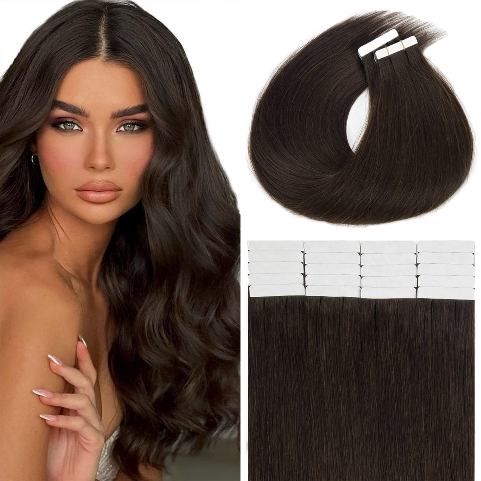 Lacer 20″ Remy Tape-in Human Hair Extensions Dark Brown Skin Weft Silky