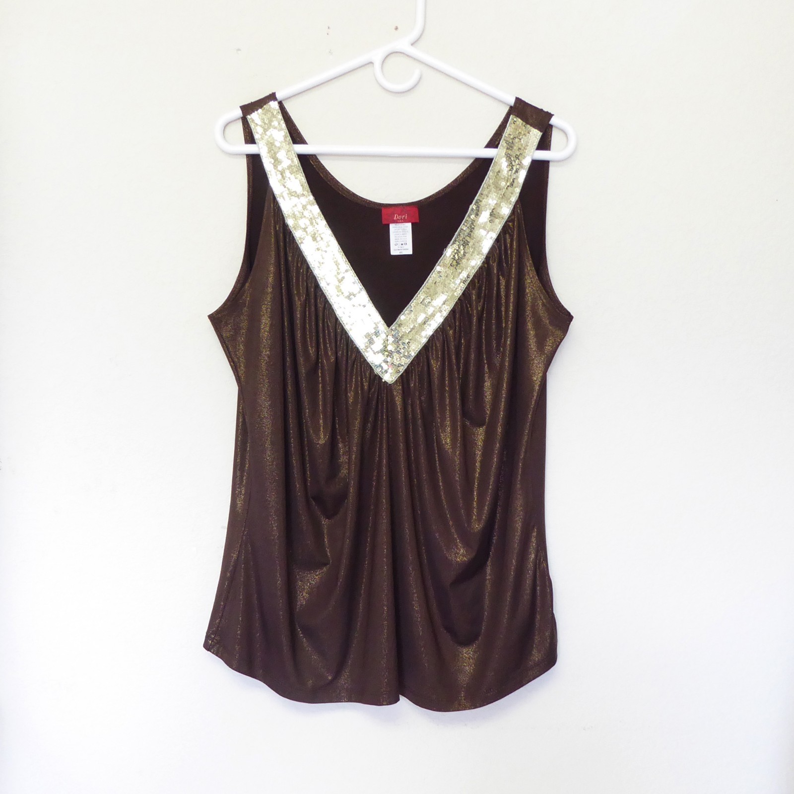 Y2K 2000s Vintage metallic brown and gold sequin trim v neck tank top size 1X/2X