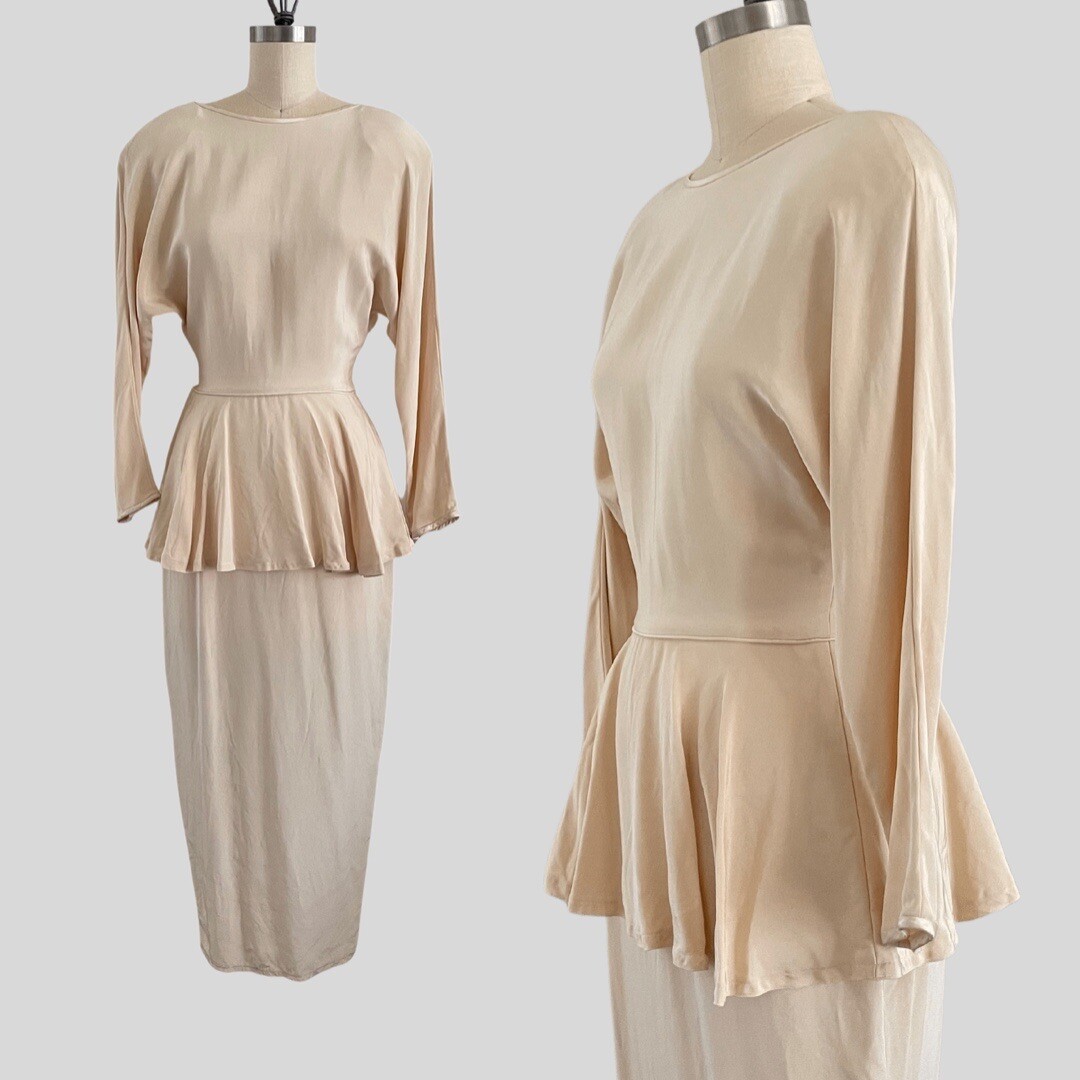 Vintage 1980s Saks Fifth Avenue Tom and Linda Platt Dress Peplum Cream Wiggle