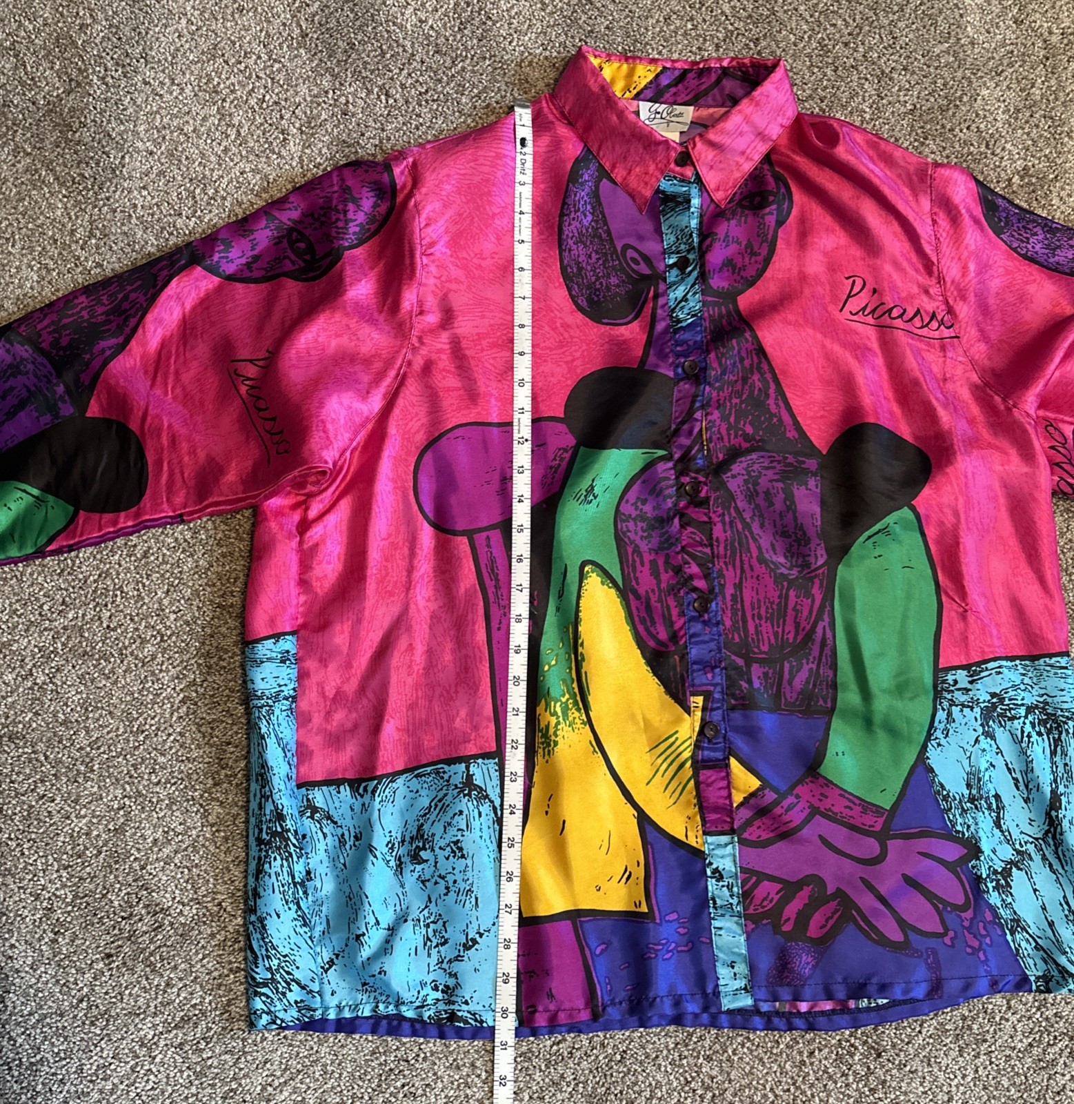 1980s Picasso Long Sleeve Shirt Bright Colors Abstract Art Shoulder Pads
