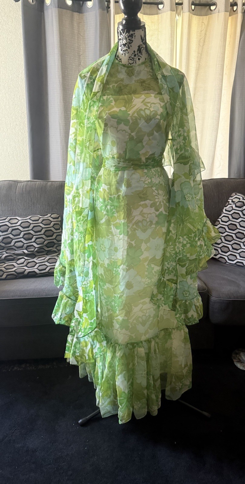Vintage 70s ADDE California Green Floral dress & Shaw sleeveless