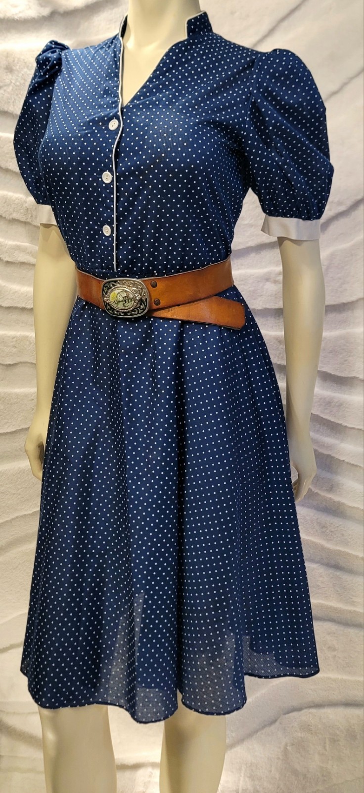 VTG 80s New Raves Blue Polka-dot 1940s Novelty Knee Length Dress
