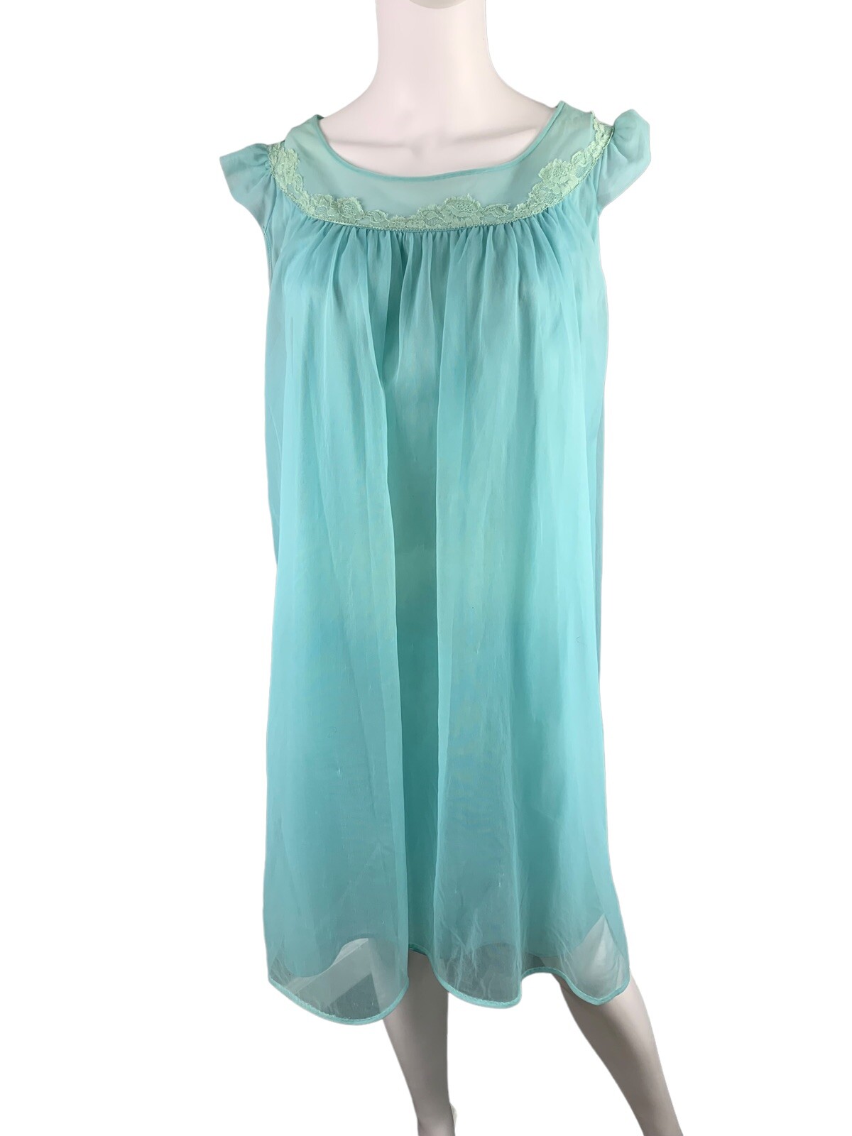 VTG Texsheen Lingerie Chiffon Green Blue Nightgown Dress Nylon Sheer Lace 32
