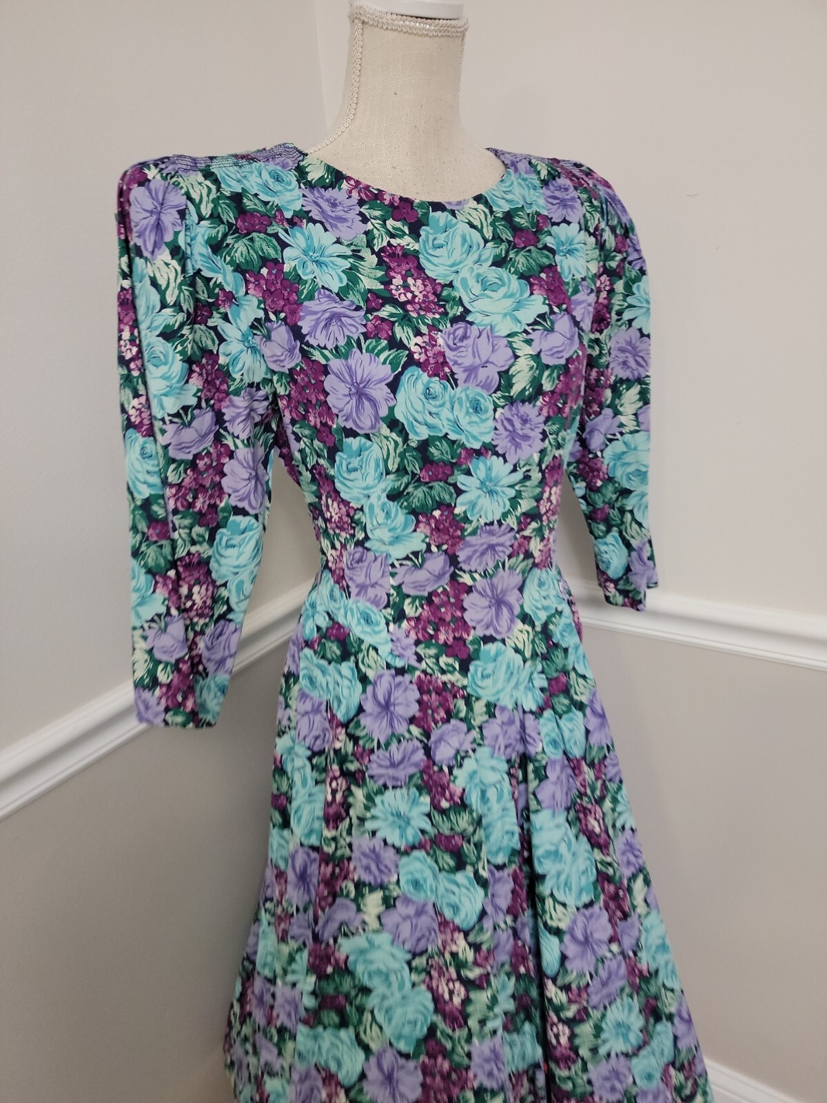 VTG Lavander Blue Floral Cottagecore Midi Tea Garden Party Dress 3/4 Sleeves