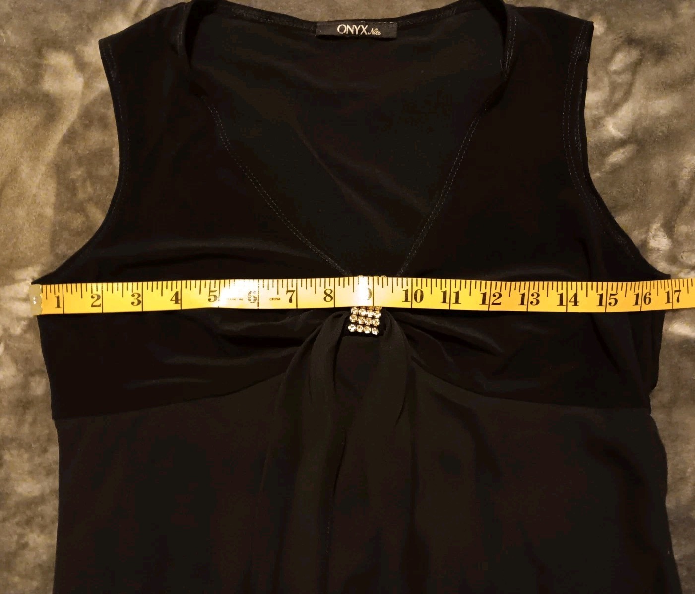 Vintage Onyx Nite Top Black Chiffon Layers Rhinestone Brooch Small EUC Vamp Glam