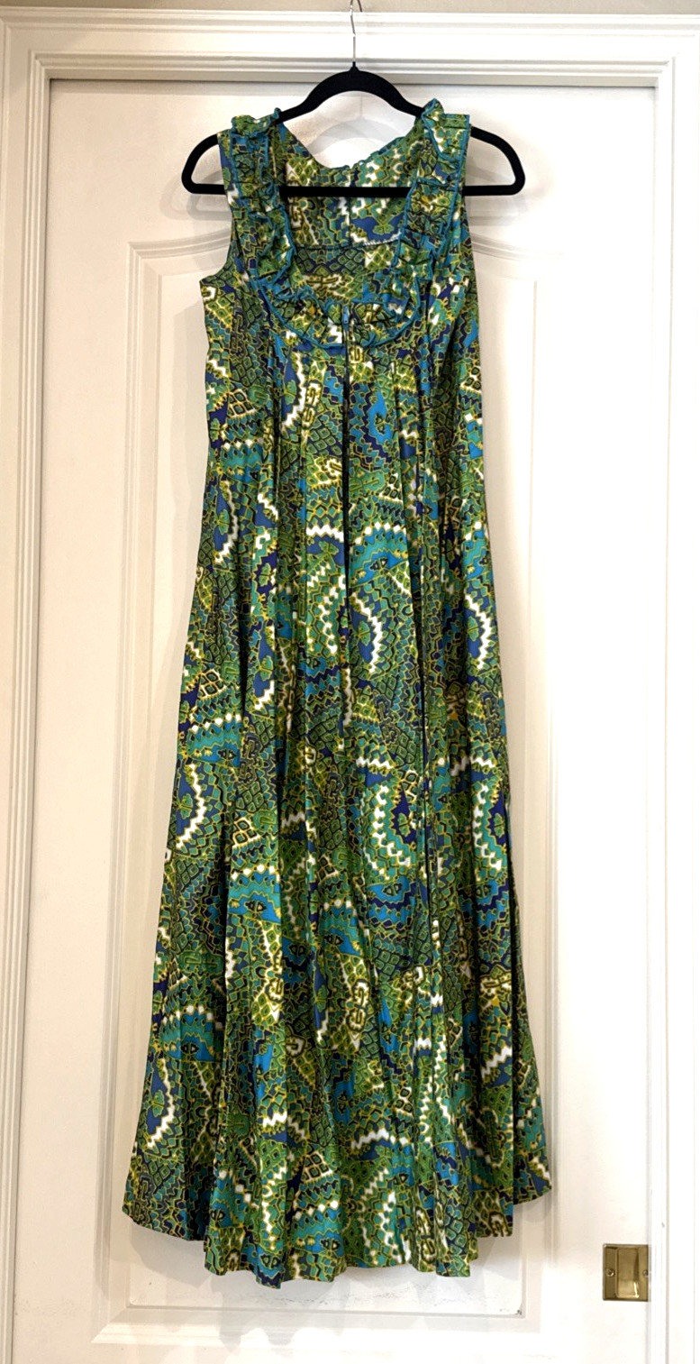 VTG Rhapsody By Glazier Dress Sleeveless Green Blue Geometric Maxi Dress Sz M