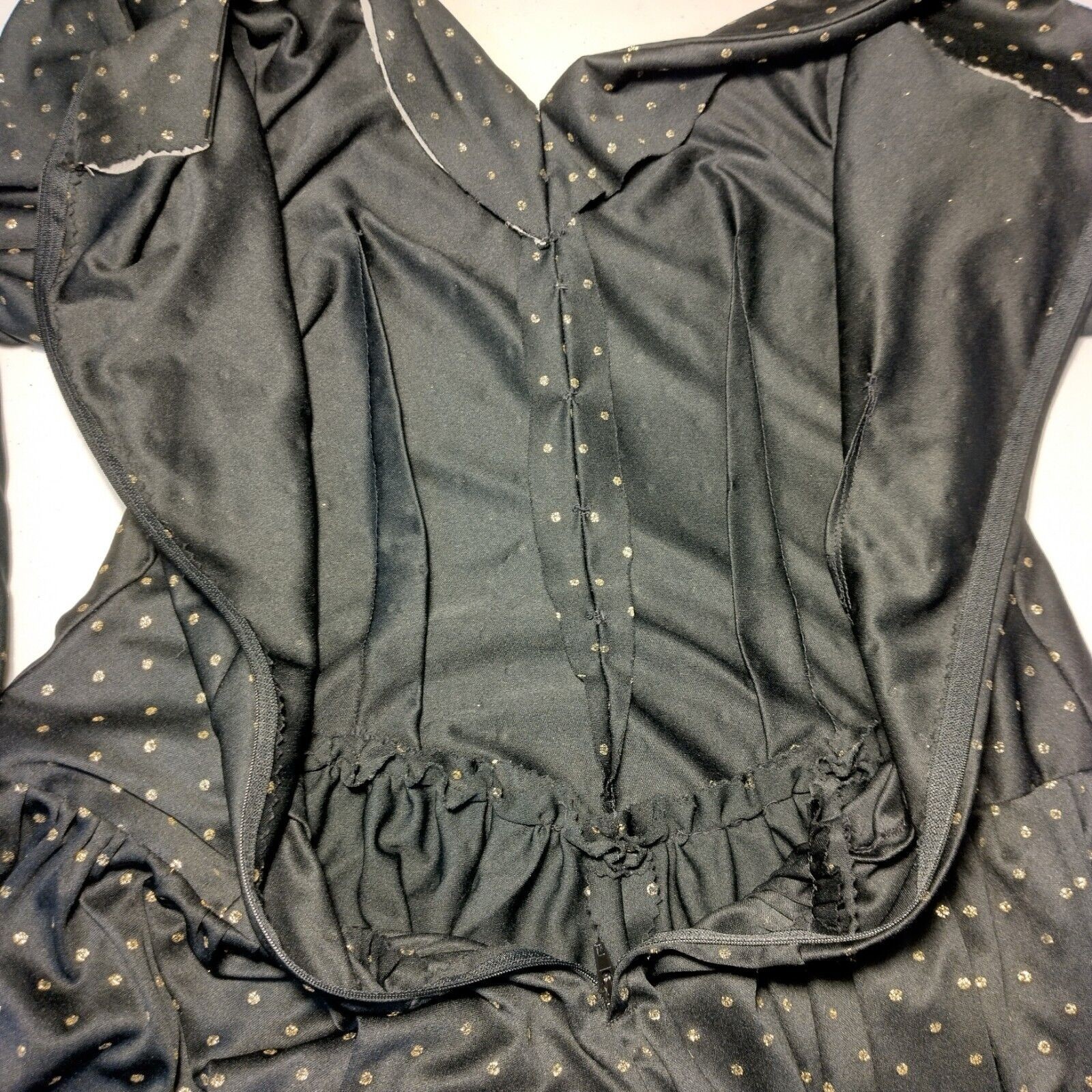 Vintage 1980s Homemade Dress Black Gold Metallic Polka Dot Drop Waist Party Nerd