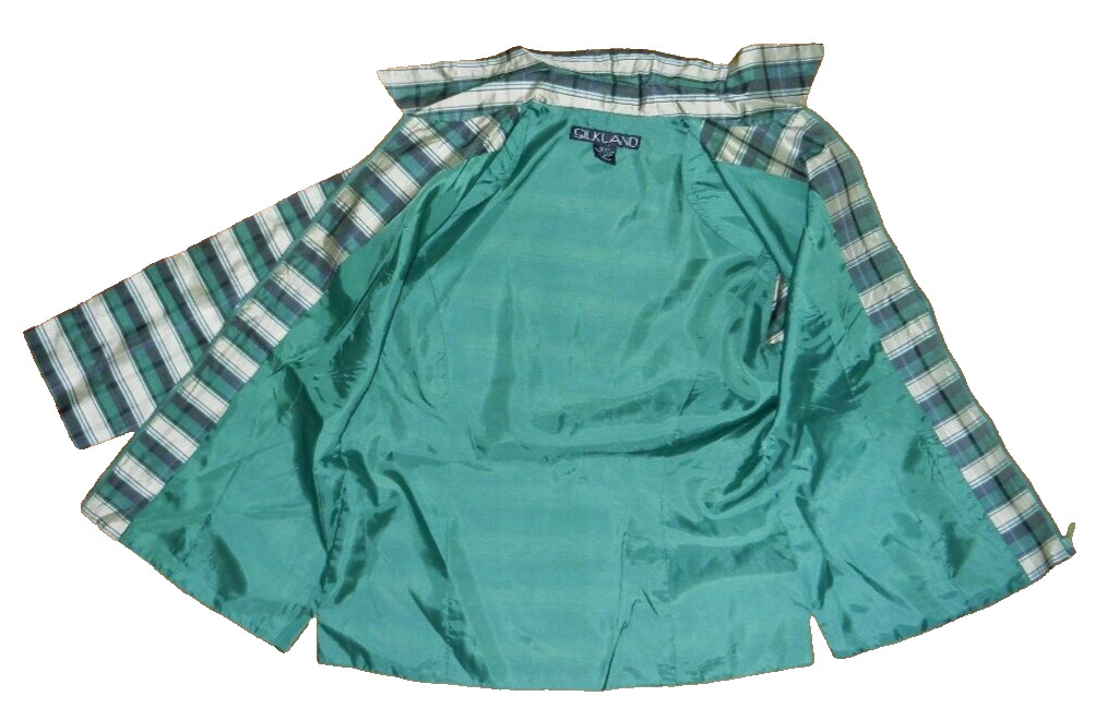 VTG. 2000s SILKLAND Raw Silk Green Plaid Lined 3/4 Sleeve Lightweight Jacket M