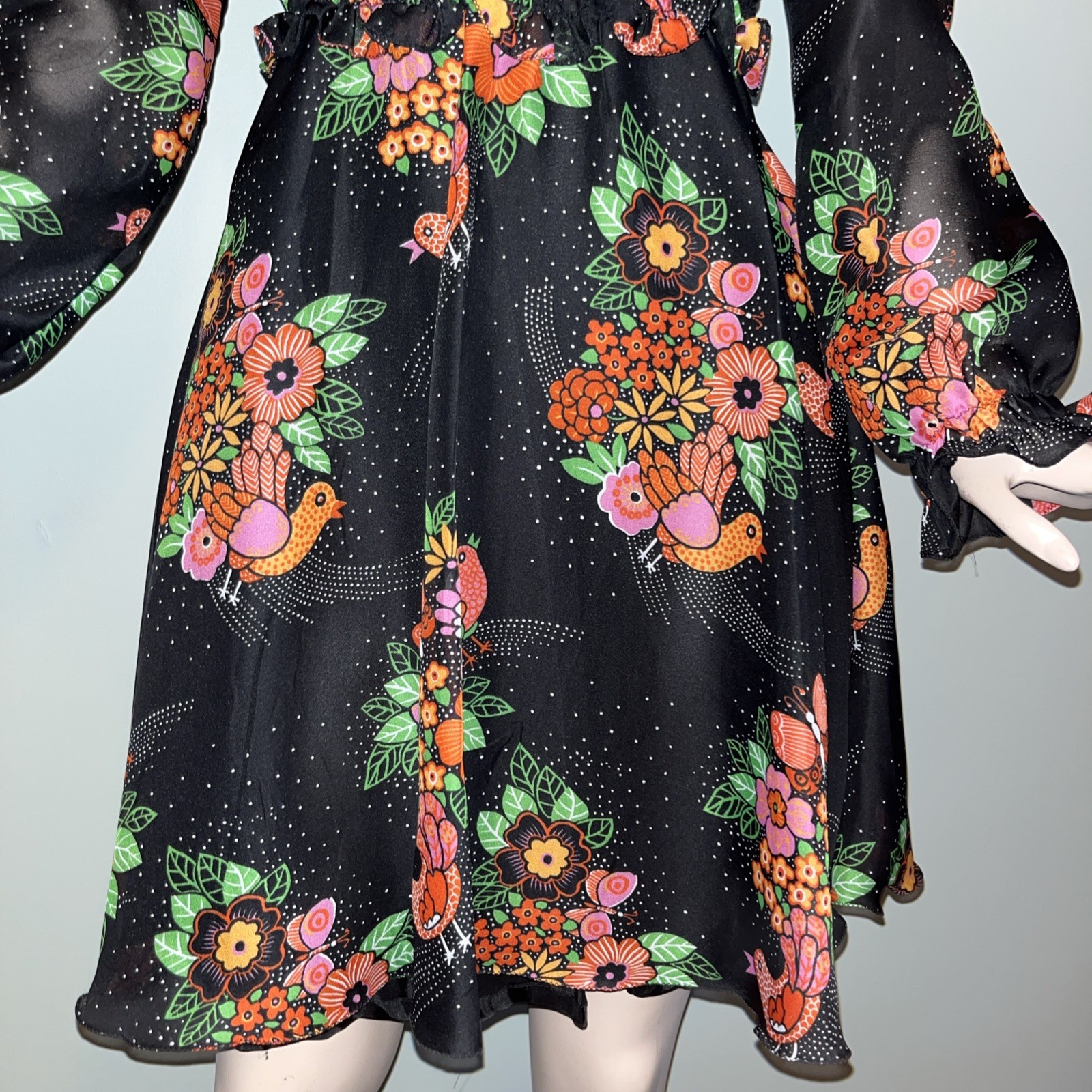 Vintage 70s European Floral Bird Hippie Mod Mini Dress Sheer Puff Sleeve Folk M
