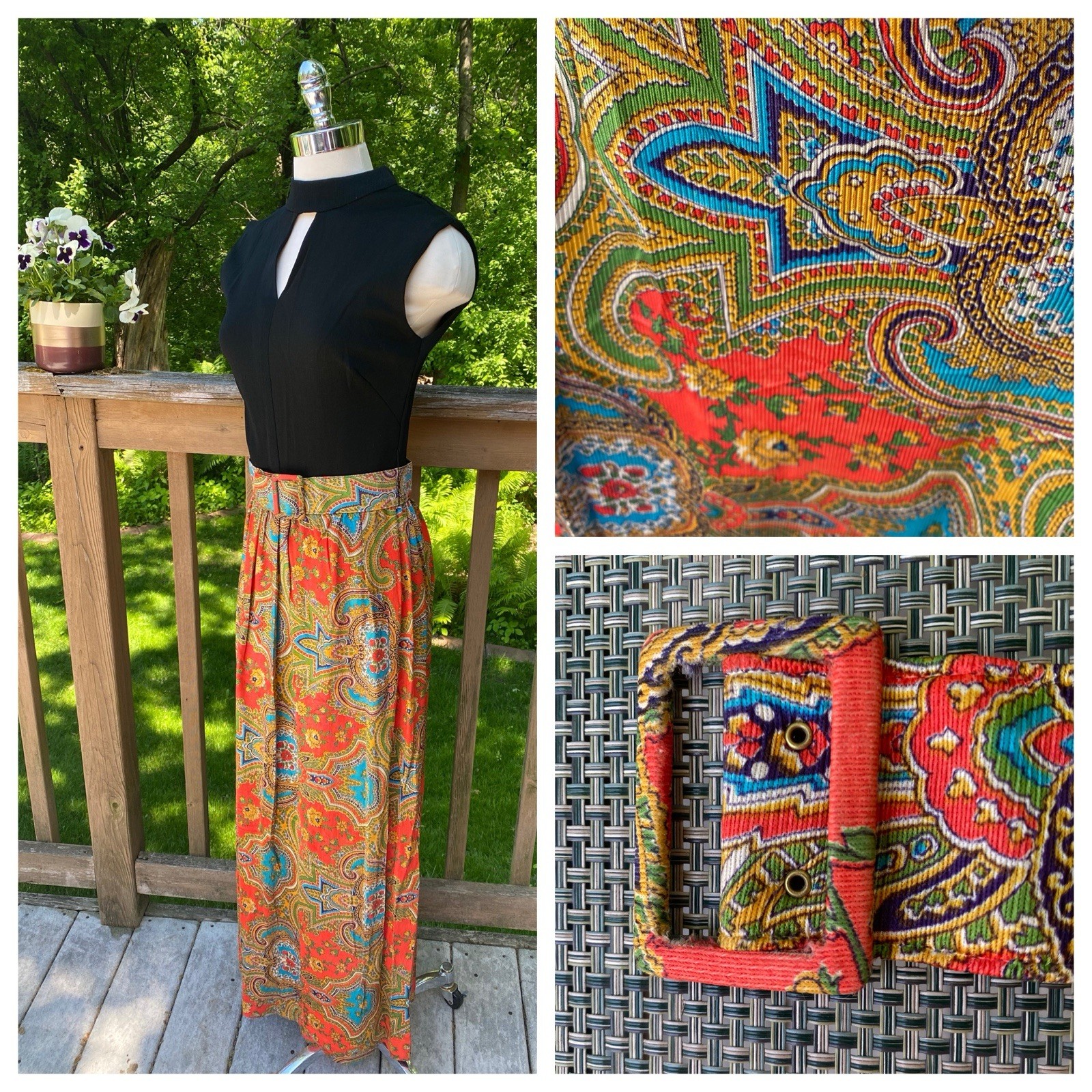 Vtg 70s Psychedelic Long Skirt w Belt Maxi Hostess Dress Black Bodice Size 9 10