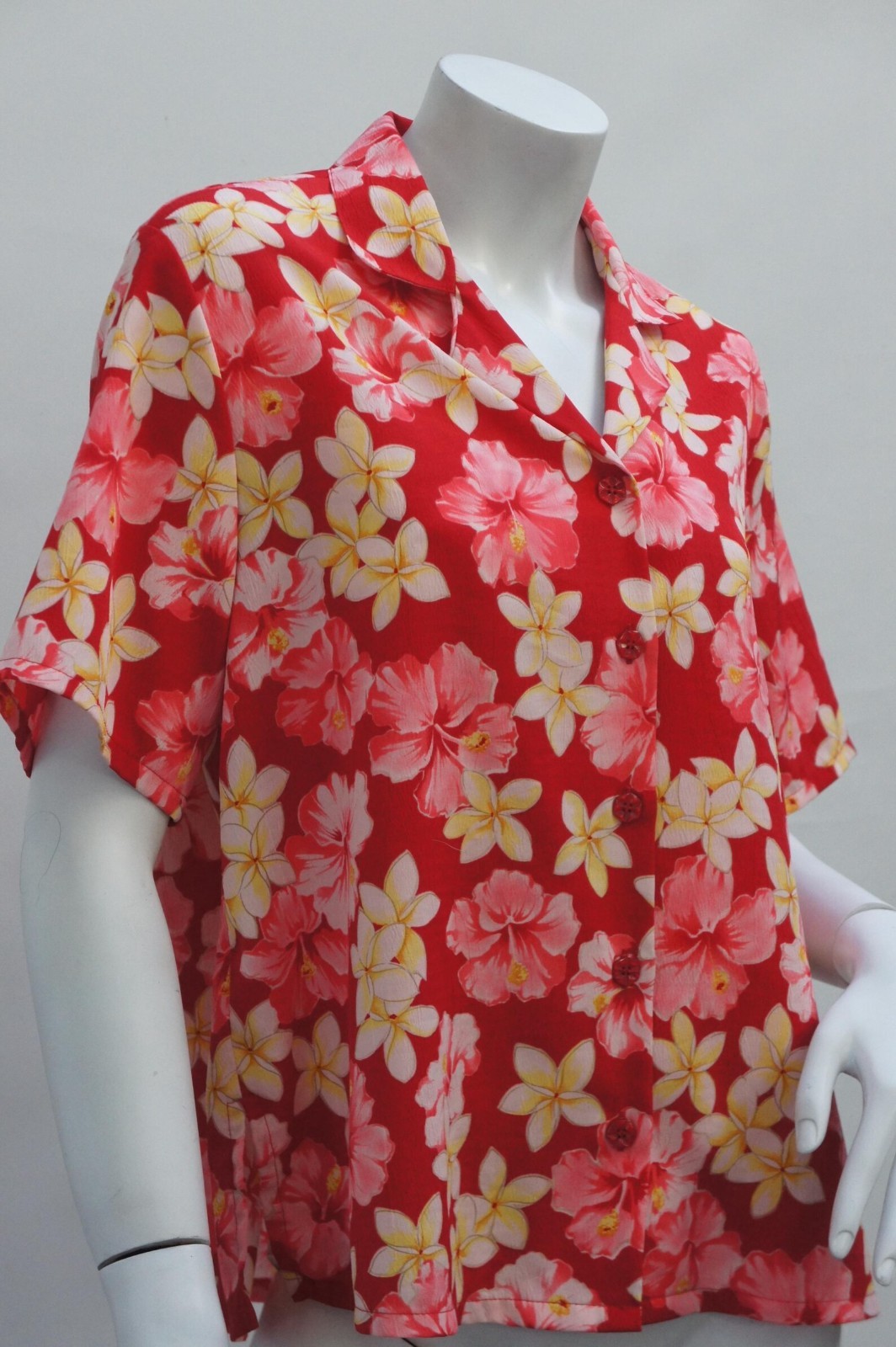 Vintage 90s Red Hibiscus Floral Hawaii Shirt By Bon Worth Size Medium Boho Retro