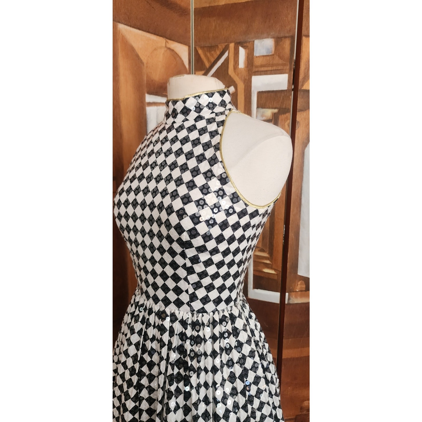 VTG 80s Morton Myles Dress Mod Black White Checkerboard Sequins Sleeveless S