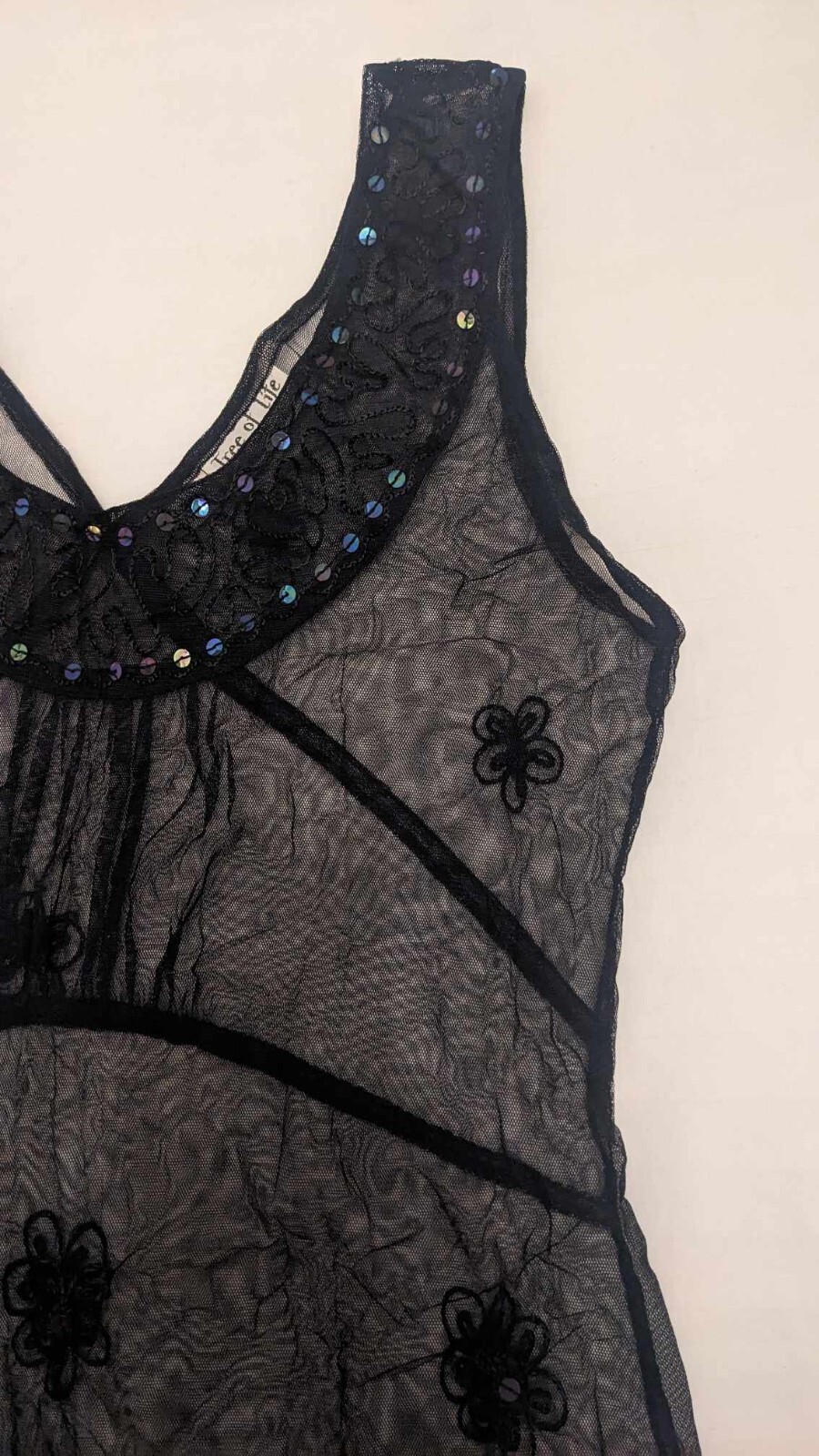 Black lace Mini Dress see through „Tree of Life” Floral Design Sexy Embroidery