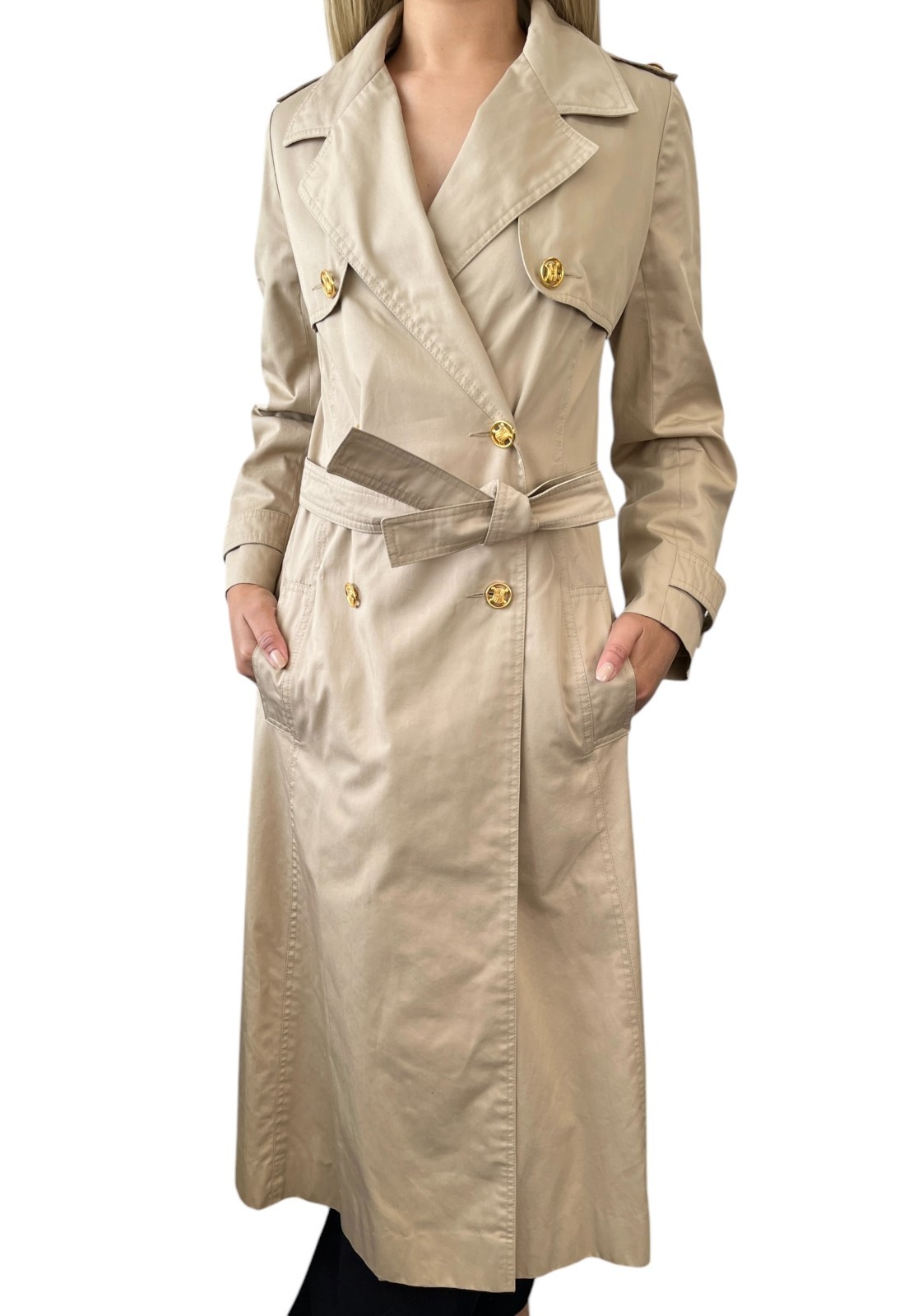 CELINE Vintage Macadam Logo Button Trench Coat Long Jacket #40 Beige Gold Cotton