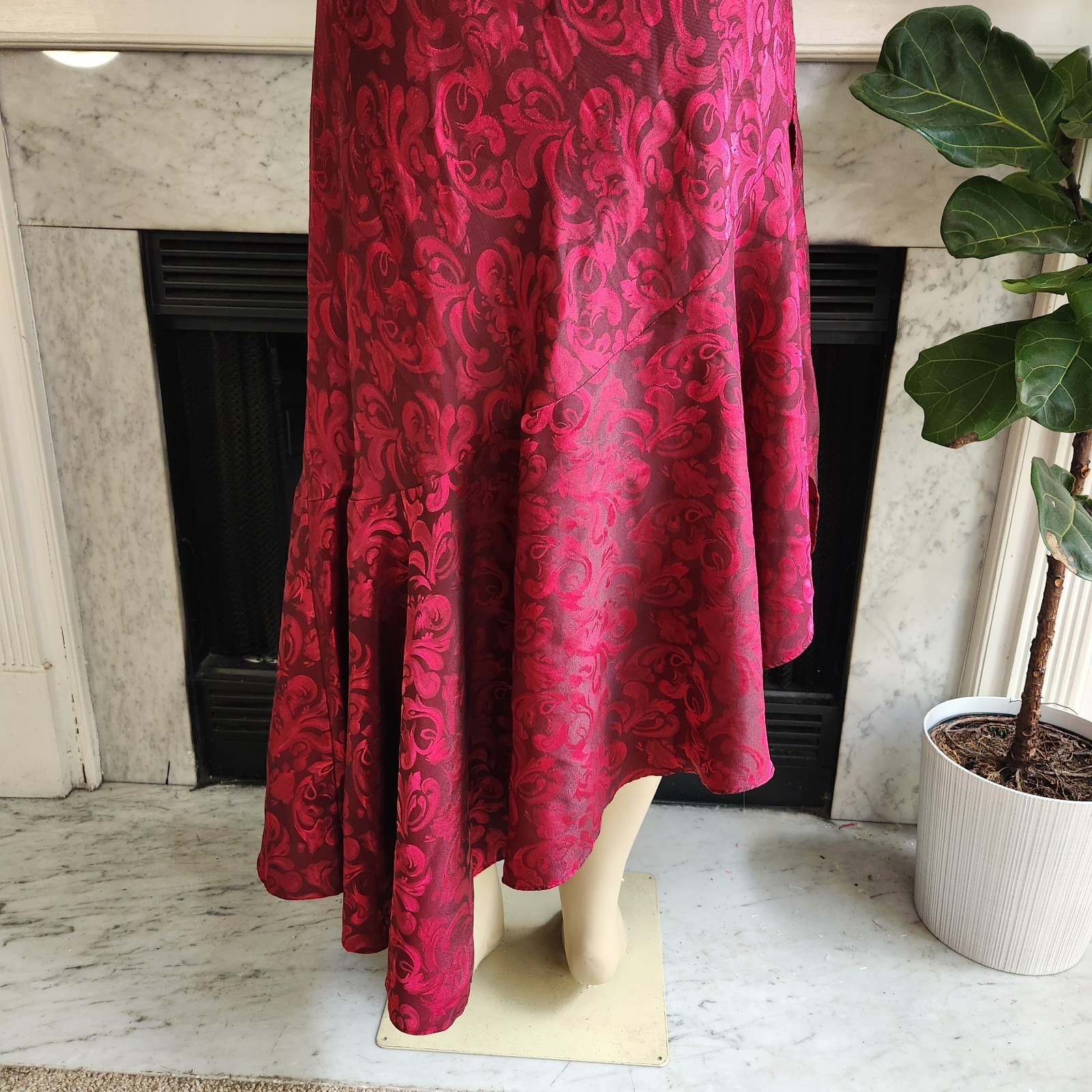 Vintage 80s Red Jacquard Ruffle Slip Dress Size Large Maxi Asymmetric Ruffle
