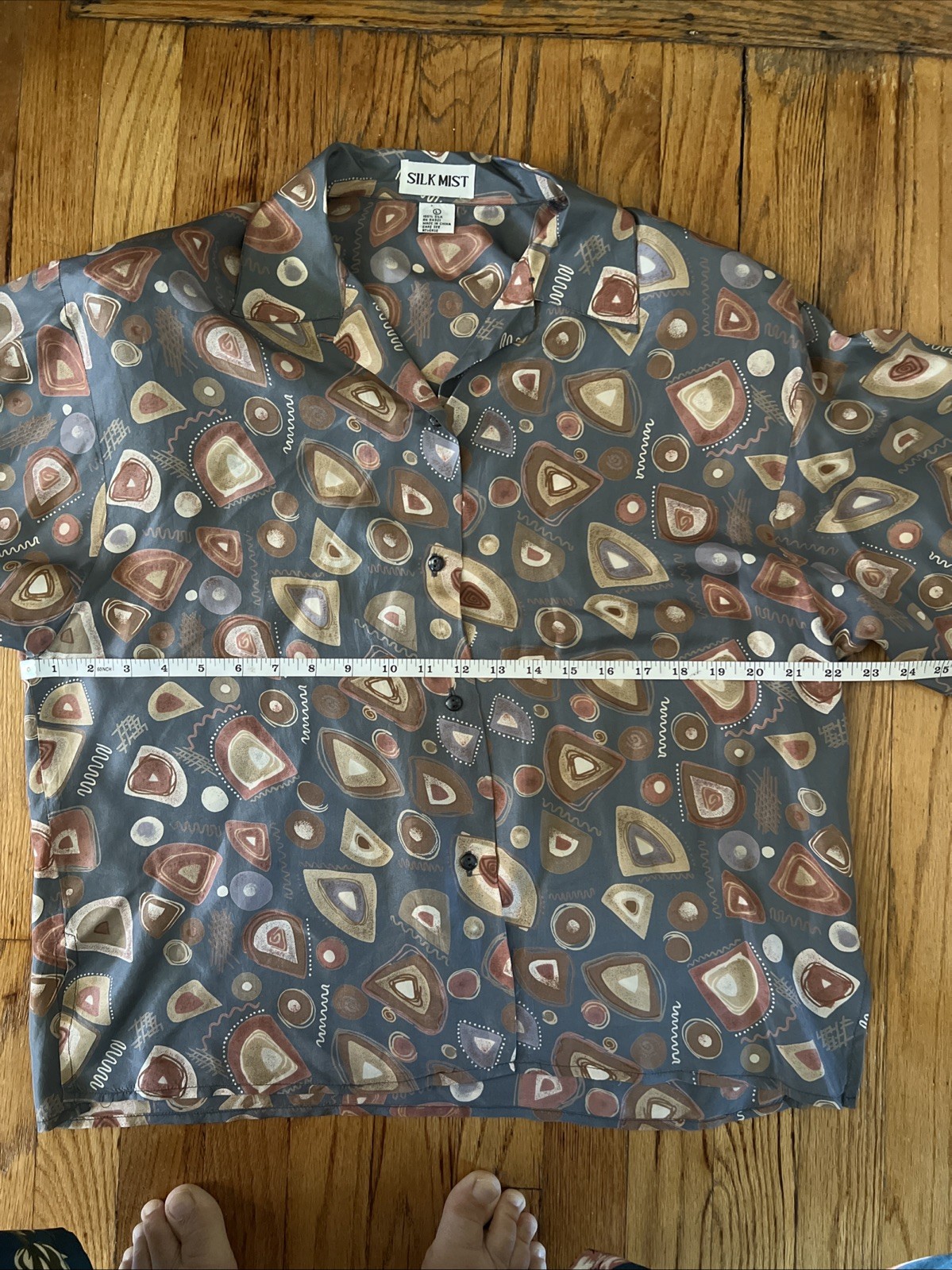 Silk Mist VTG 90s 100% Silk Shirt Abstract Art Print Button Up Shoulder Pads L
