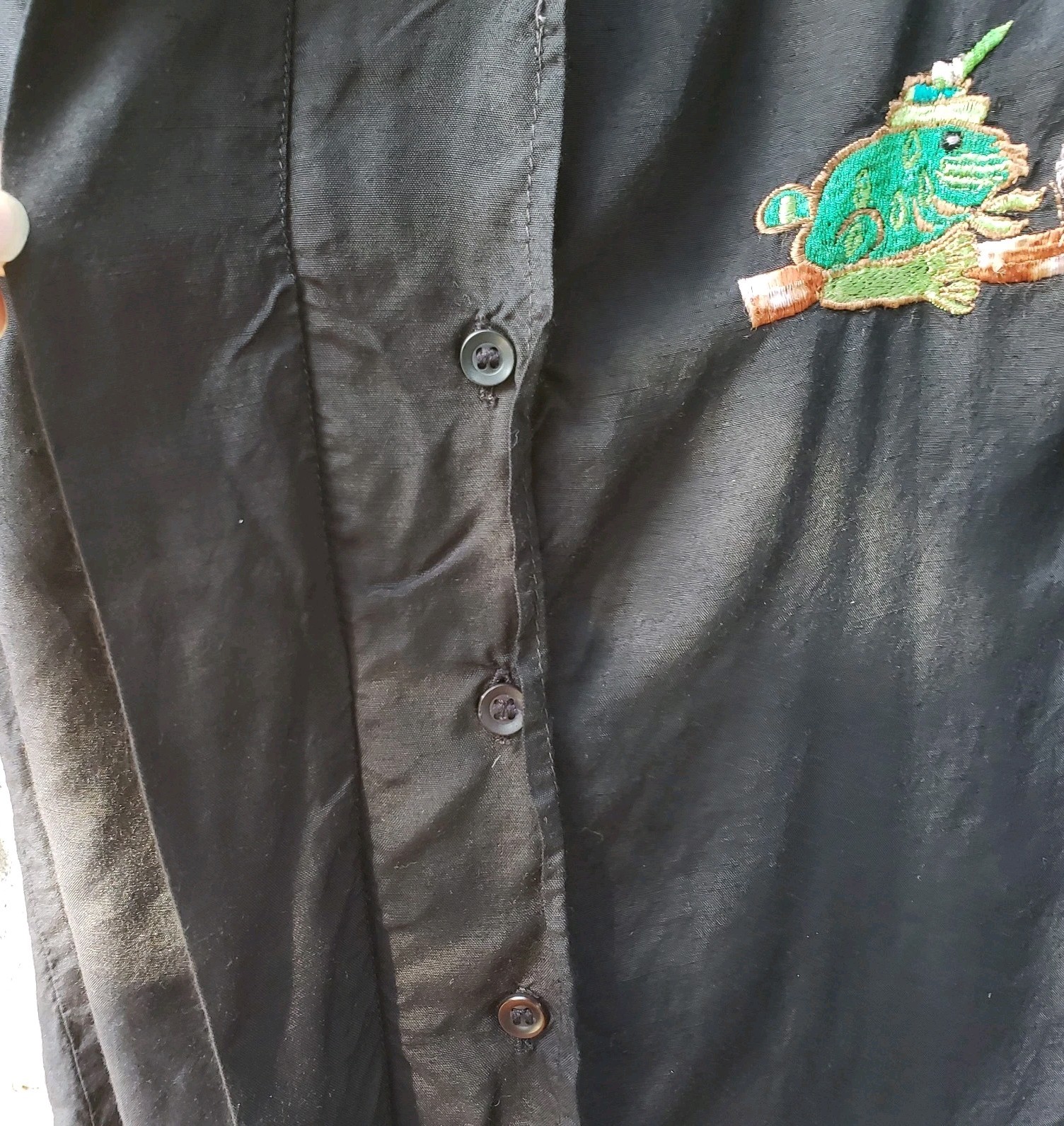 VTG 40s/50s Armel Black Button Front Top Shirt Sz M/L Rockabilly Embroidery Frog