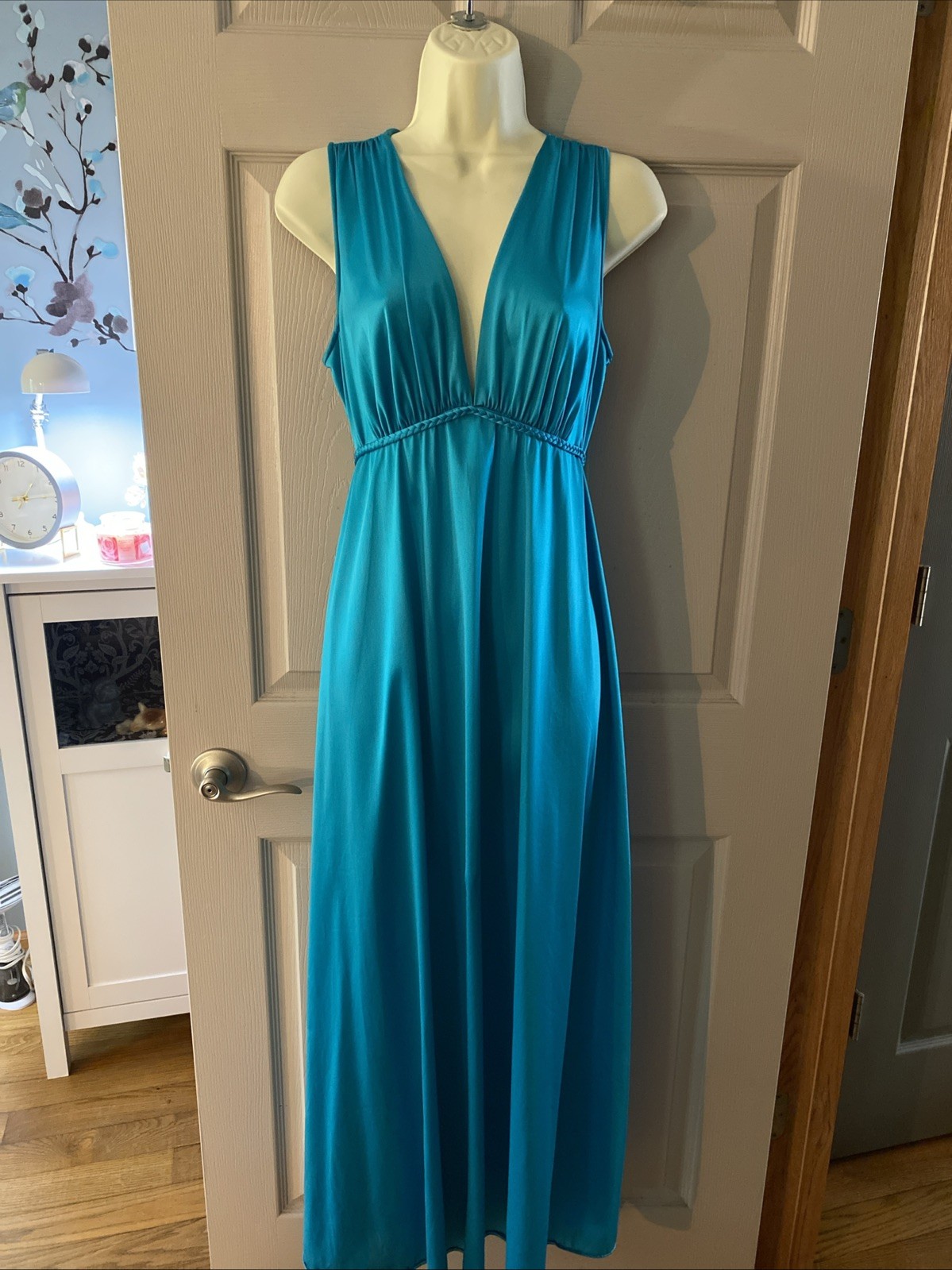 Vintage Vanity Fair Size 34 Long Satin Nylon Dark Teal Gown Braided Ties Lovely