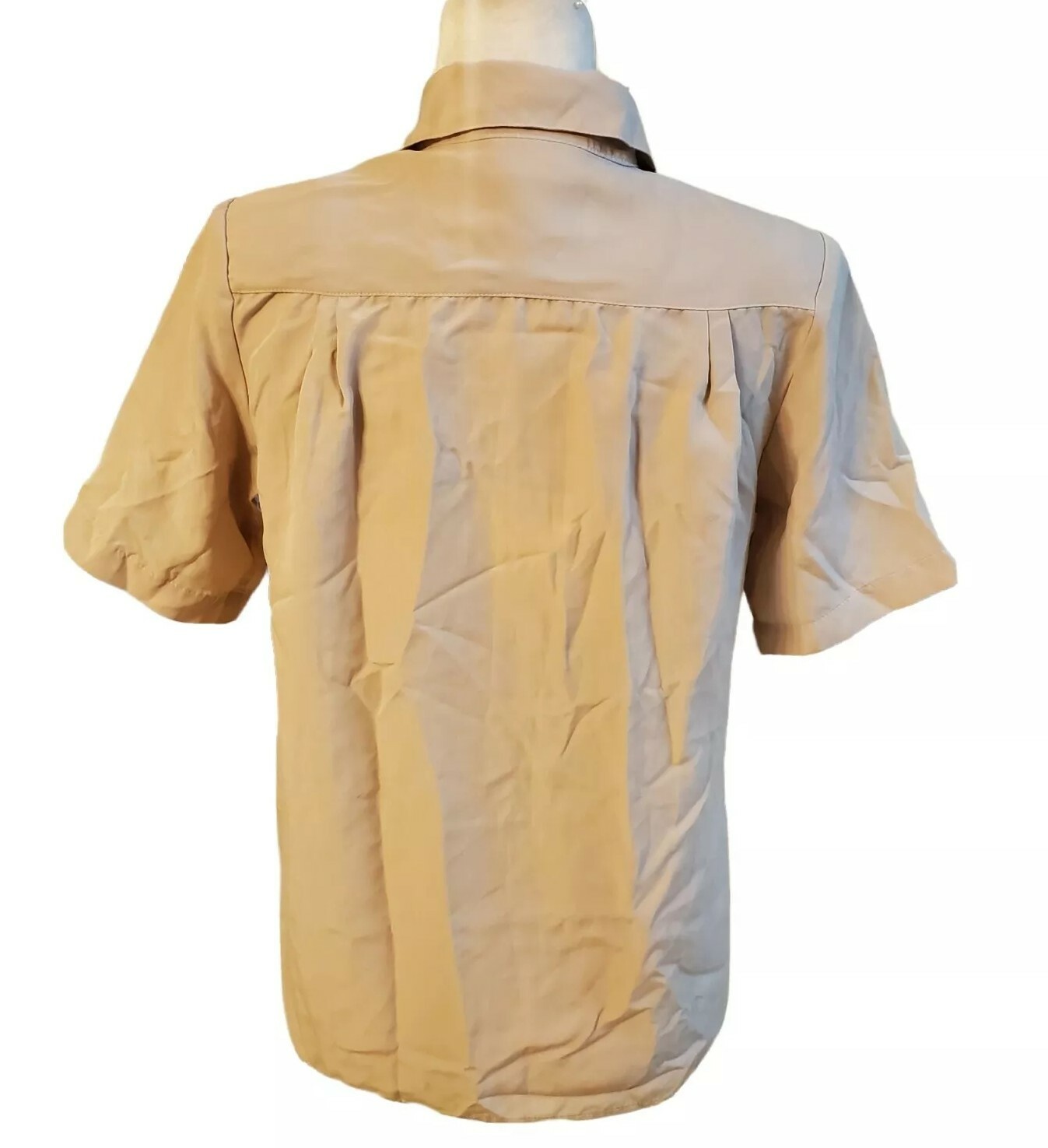 VTG Yves St. Clair Tan Pin-Tuck button front Short Sleeve Blouse Shirt Size 6