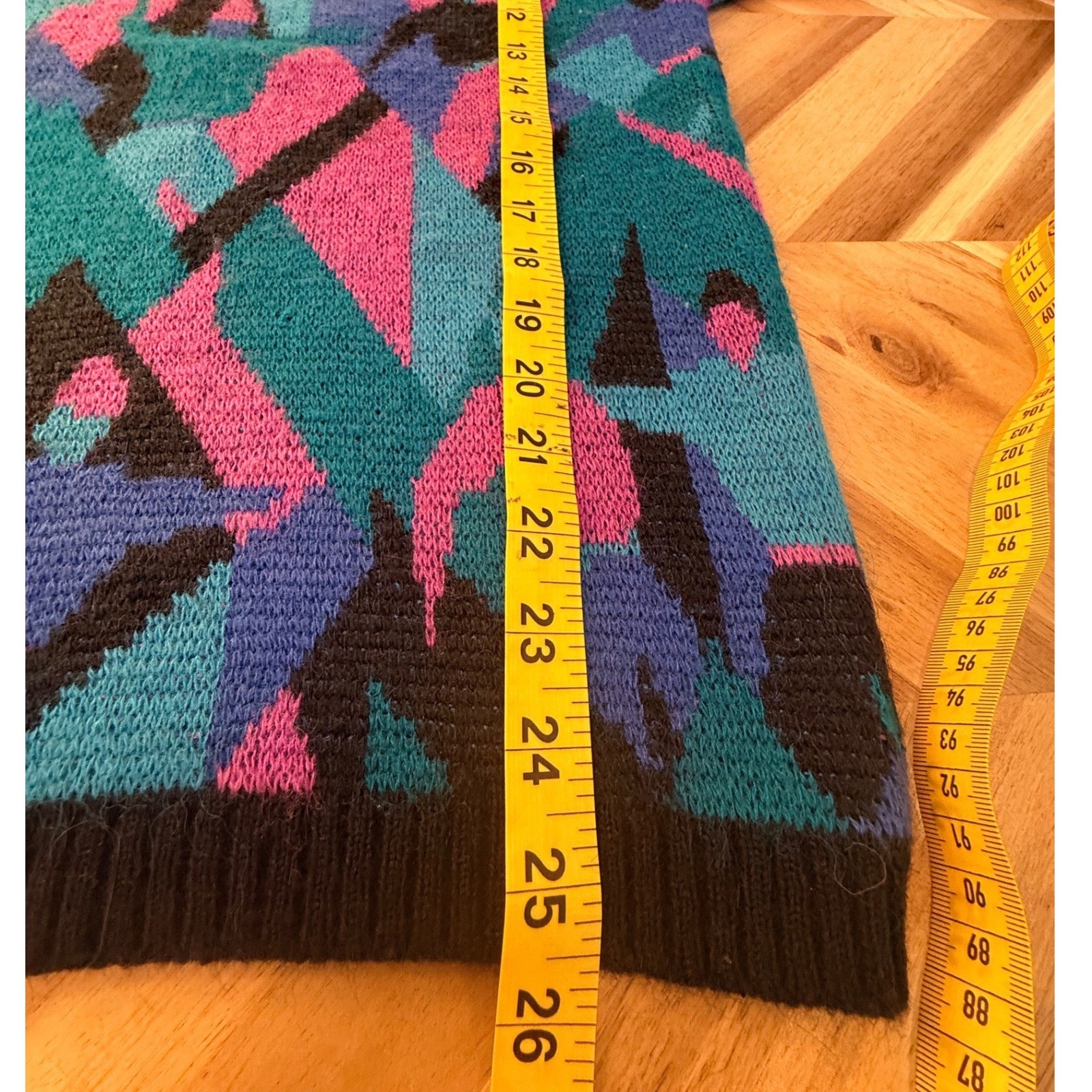 Vintage 90s Odyssey Geometric Abstract Knit Sweater Pink Teal Wool Blend Large