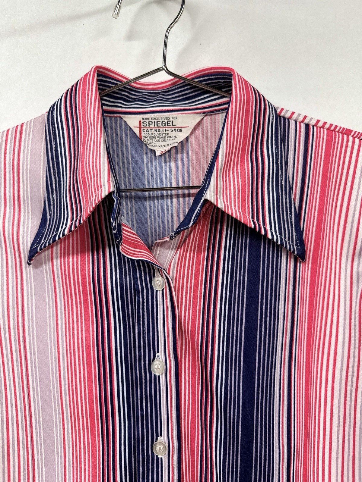 Vintage 70s Barcode Stripe Polyester Button Up Blouse Red Blue Spiegel M / L