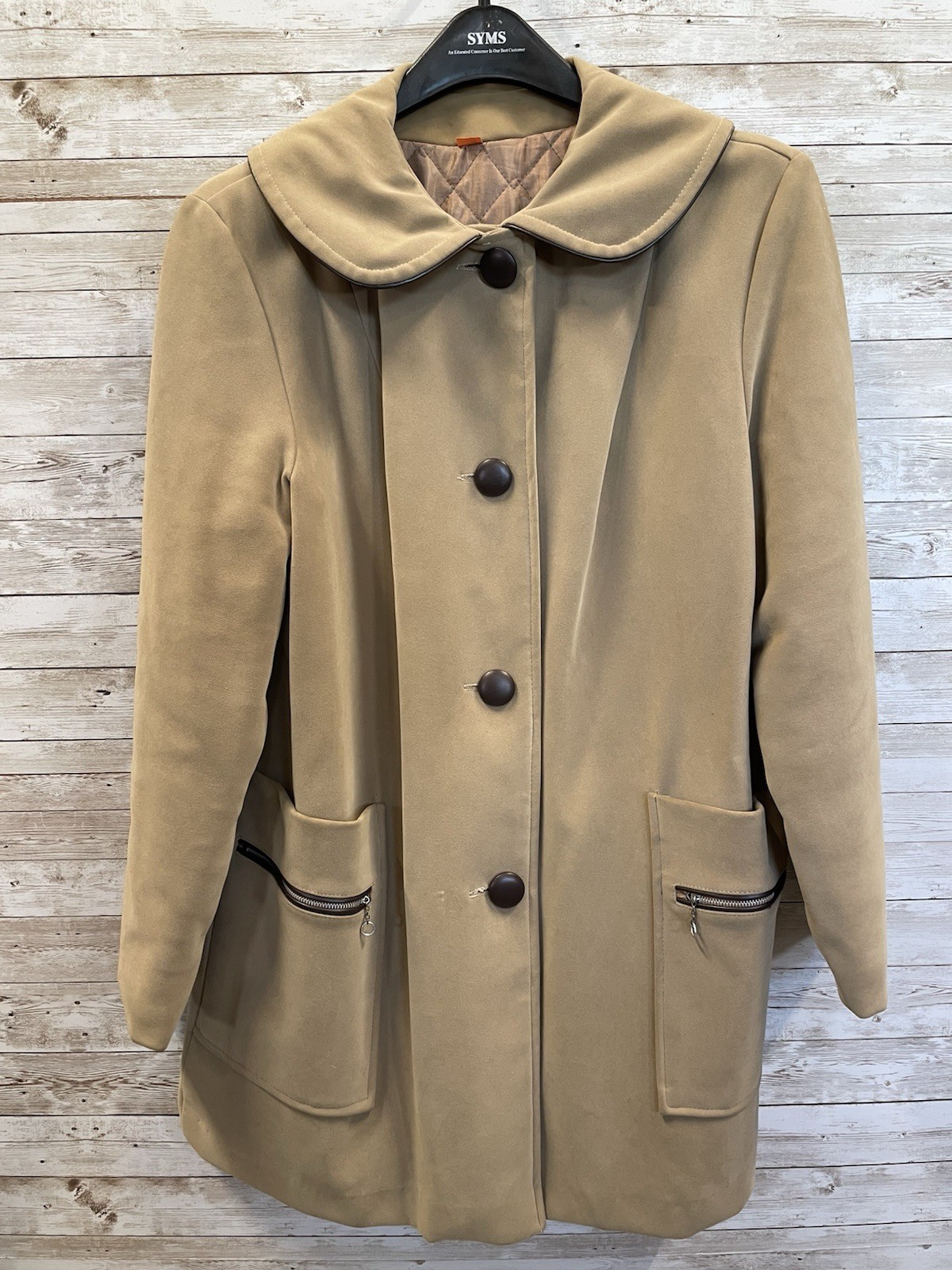 Vintage 60s-70s Womens 18 Coat Mod Tan Faux Suede Peter Pan Collar A-Line USA