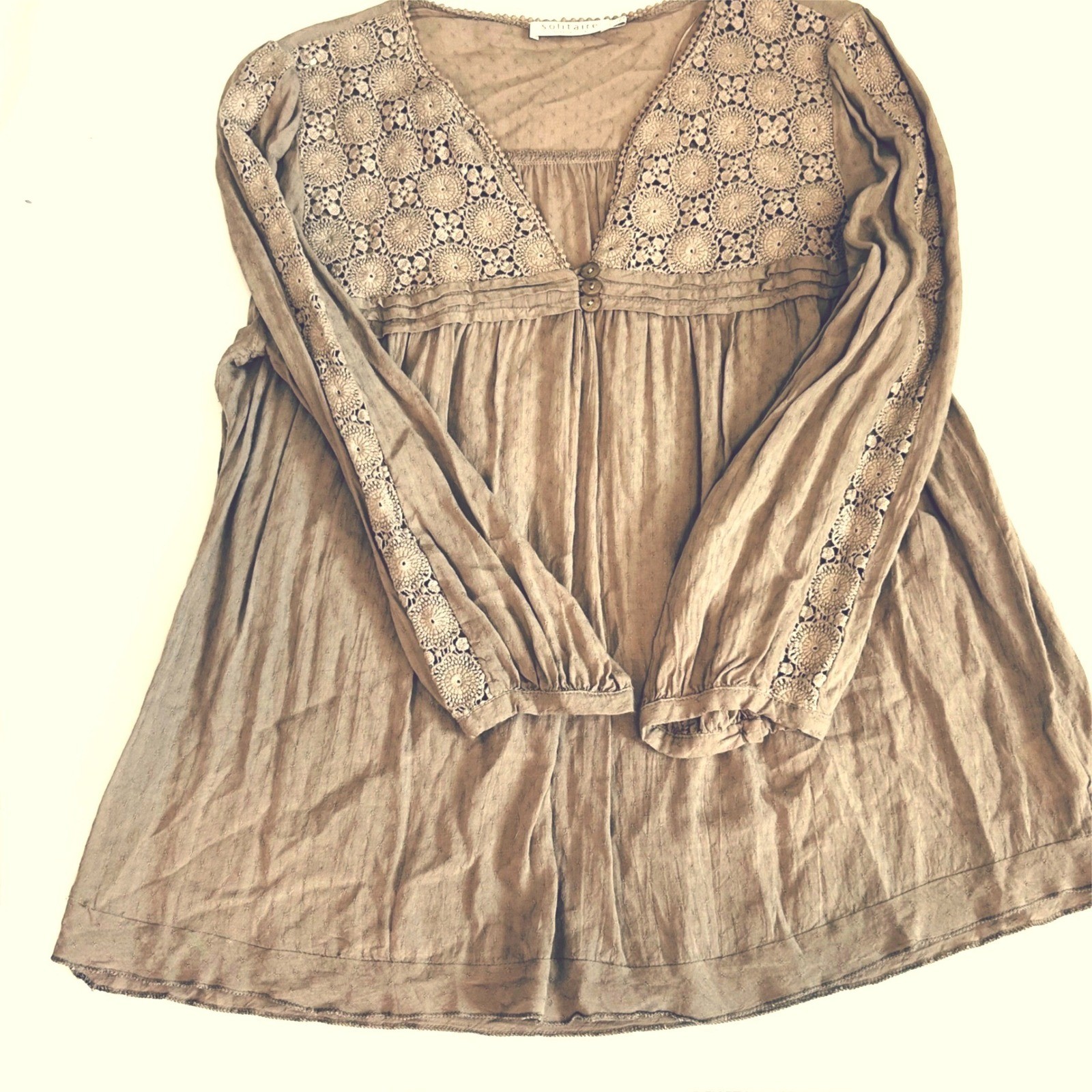 Solitaire Ravi Khosha crochet BOHO chic tan top rayon cotton lightweight tunic L